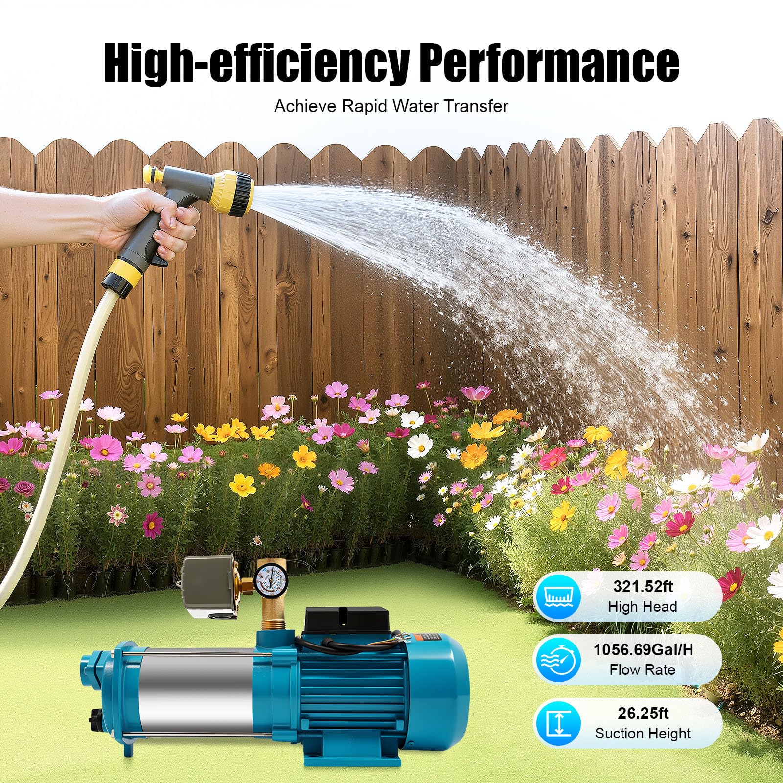 Selbstansaugende Kreiselpumpe, 1300W Edelstahl Hauswasserwerk Gartenpumpe Wasserpumpe Bewässerungspumpe mit Druckschalter und Manometer für Teichbewässerung Gartenbewässerung Brunnenmodellierung