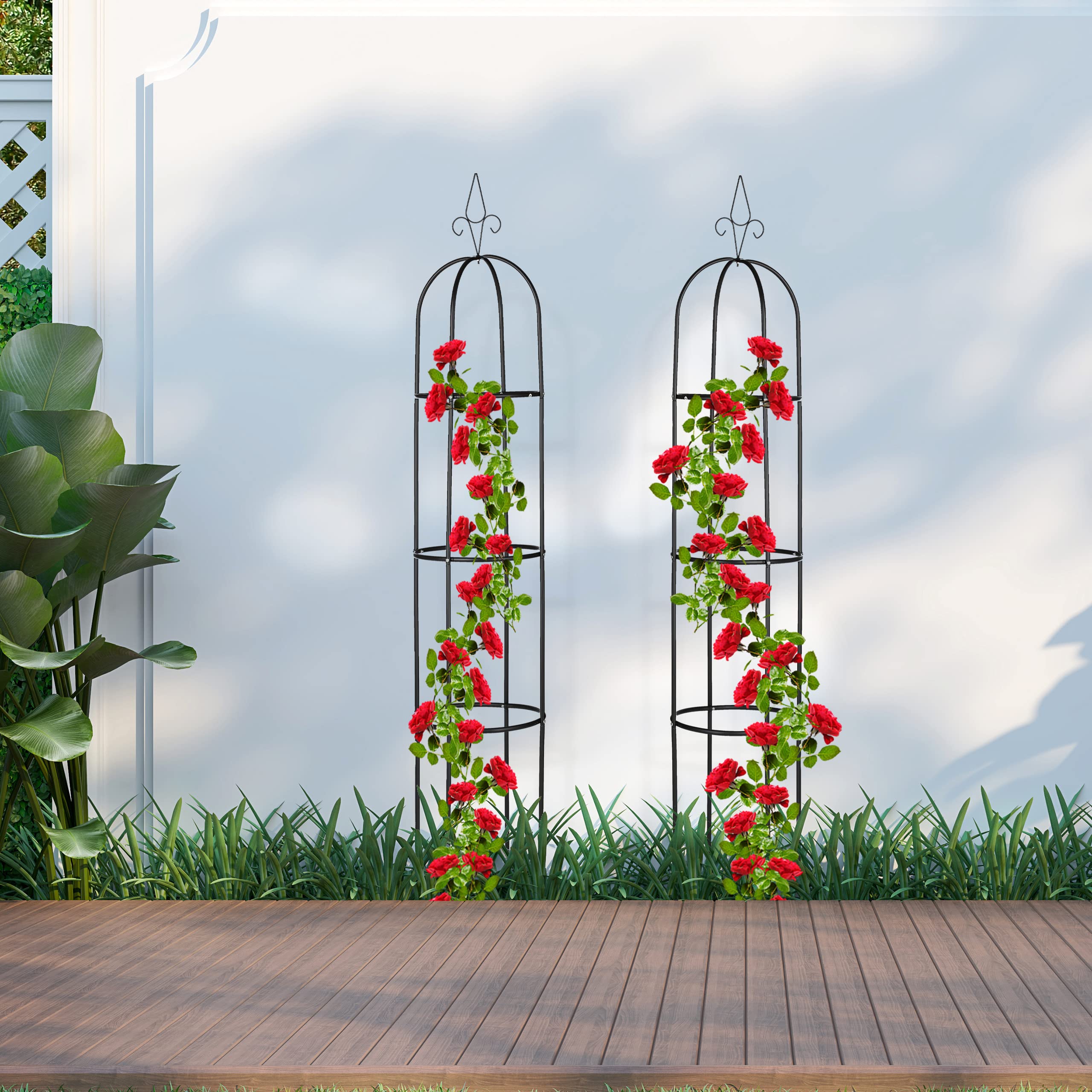 Relaxdays Supporti ad Obelisco per Rampicanti, Set da 2, Alti 200 cm, Graticolati per Piante, Rose Edere, Metallo, Nero, Acciaio