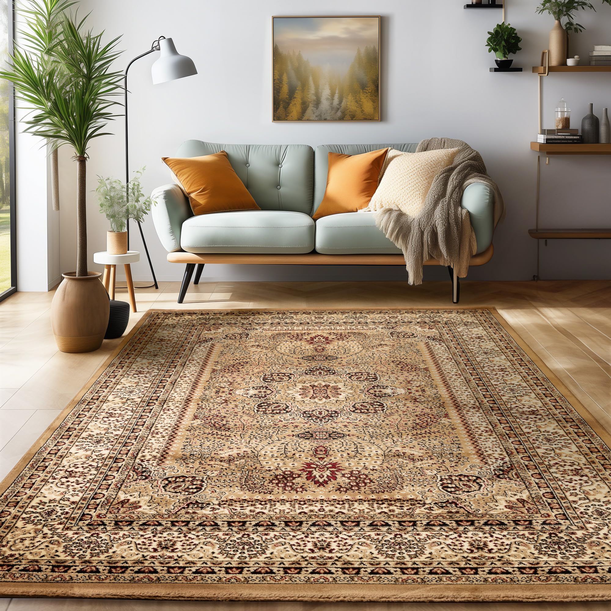 SIMPEX Orientalischer Teppich Wohnzimmer, Schlafzimmer, Esszimmer, Läufer, Flur Boho Teppich Kurzflor Weich 12 mm Carpet Orient - Verschiedene Größen Farbe: Beige
