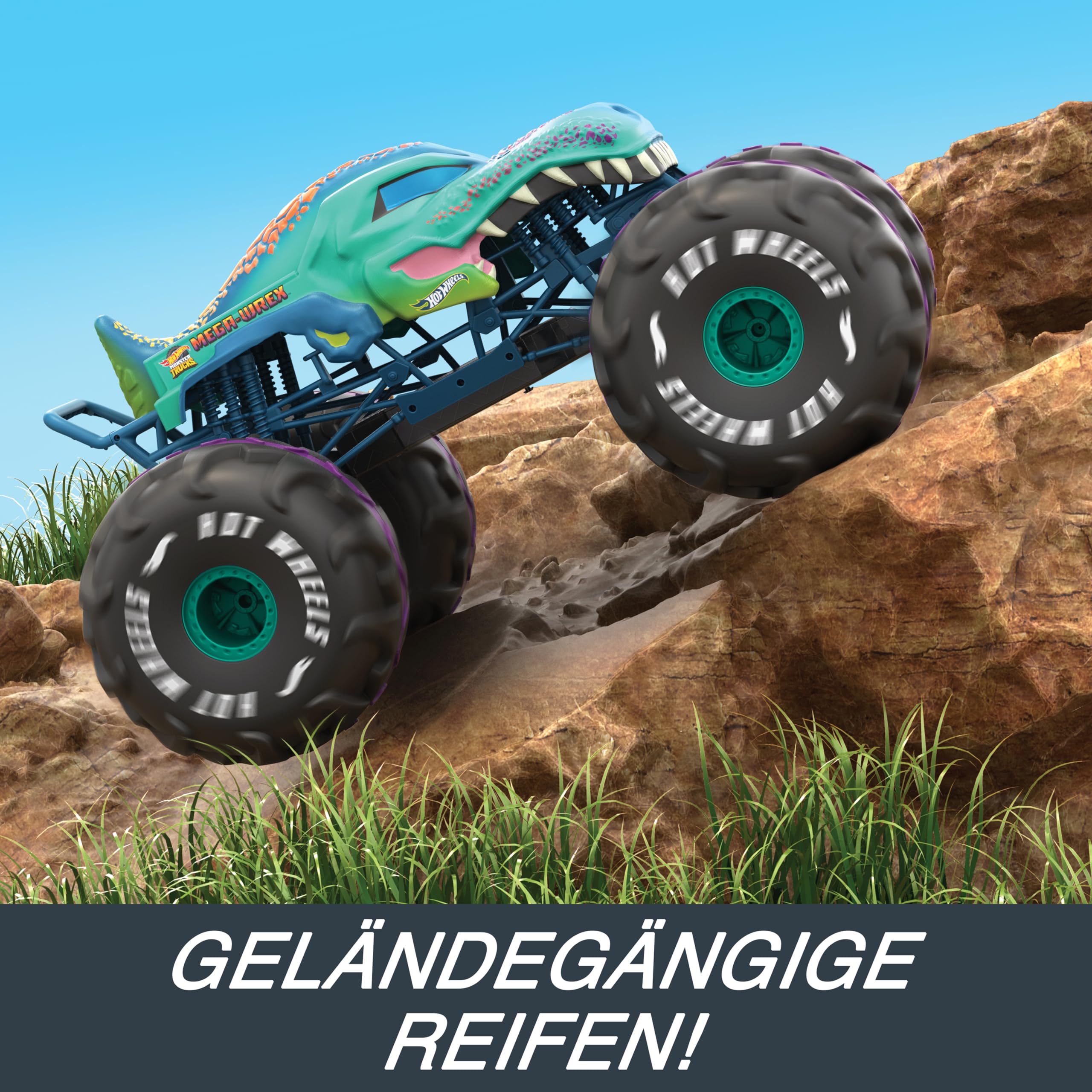 Hot Wheels Monster Trucks Ferngesteuertes Auto, Mega-Wrex im Maßstab 1:6, extragroßer Ferngesteuerter Spielzeug-Truck, mehr als 60 cm lang, HPK28