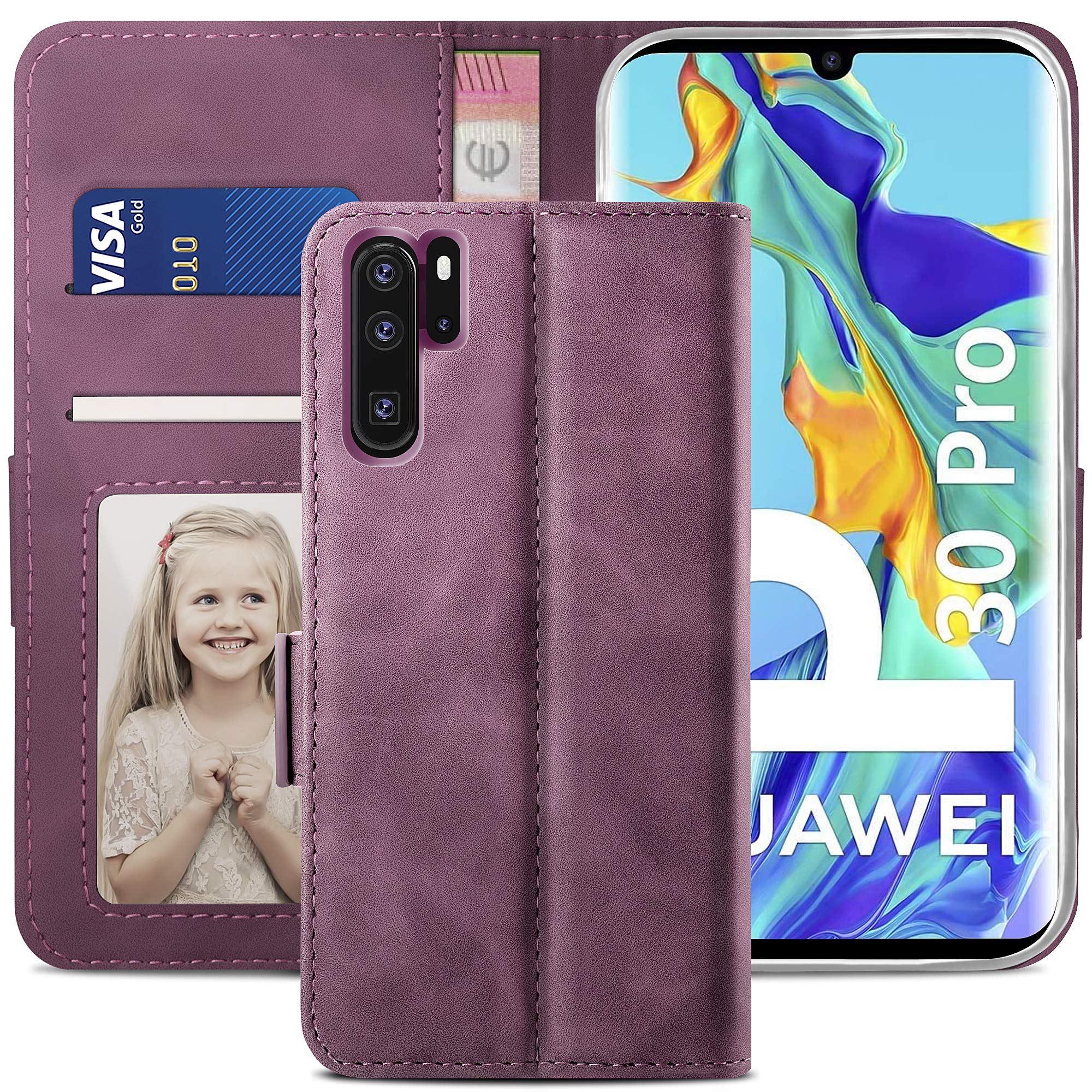 Cover Portafoglio YATWIN Per Huawei P30 Pro - Pelle Rossa, Con Slot Carte, Supporto, Chiusura Magnetica E RFID