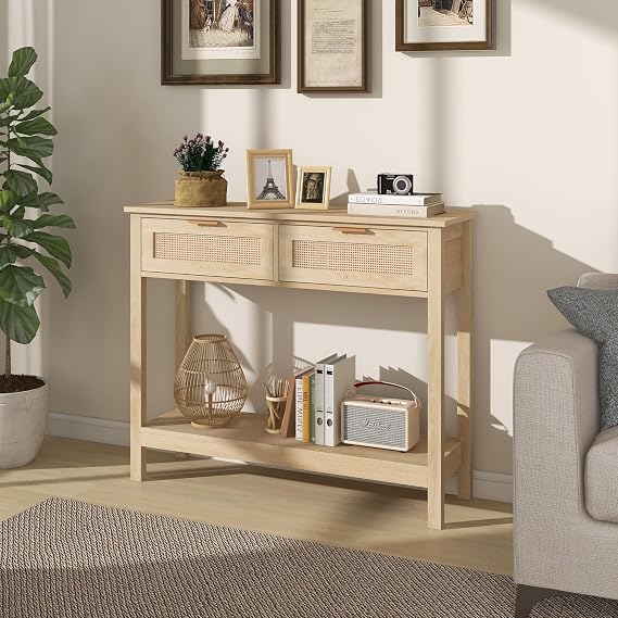 Trironsun Boho Rattan Console Table with 2 Drawers 2 Tier Entryway Table Farmhouse Wood Sofa Tables with Open Storage Shelf for Living Room Hallway Foyer