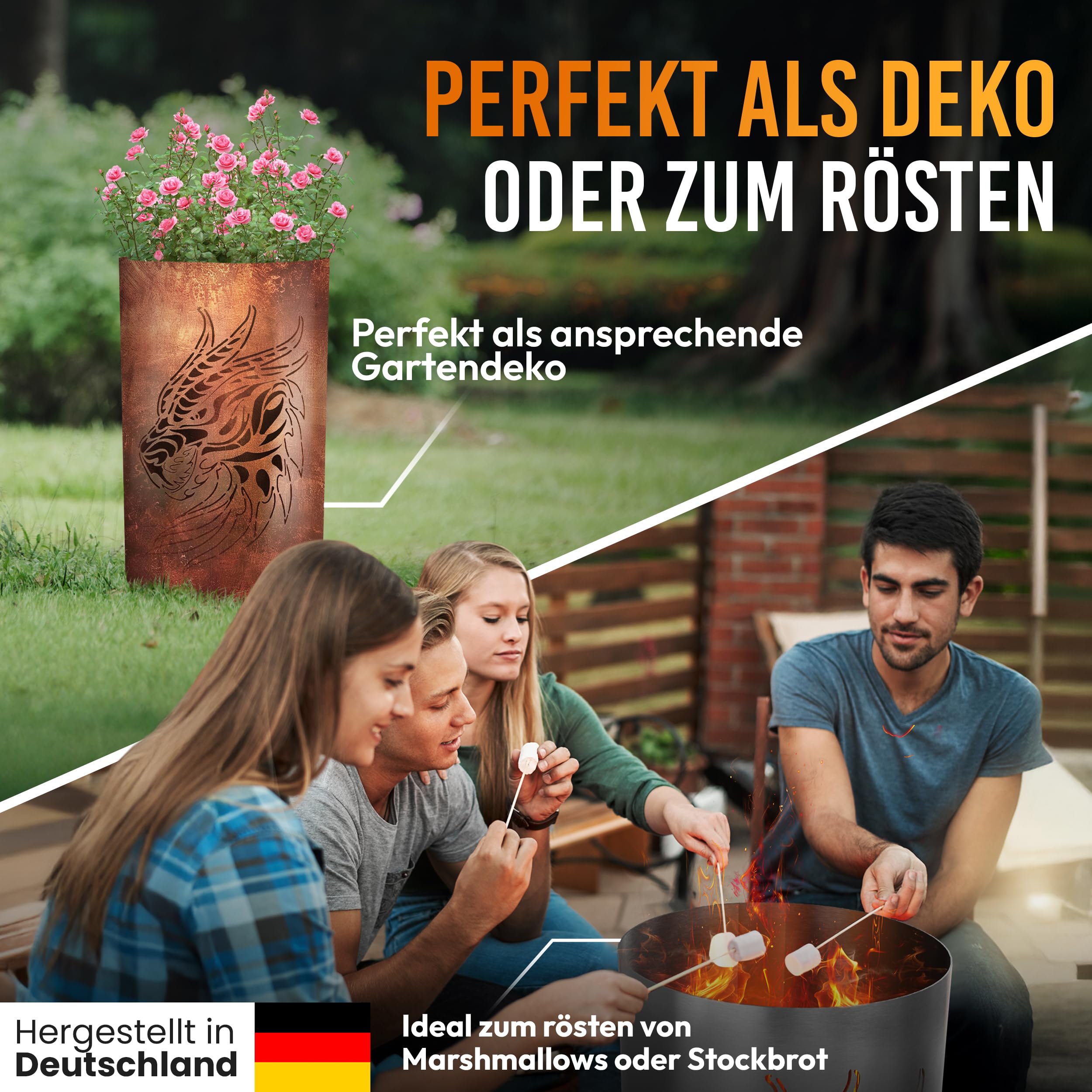 TiKo-Design® Feuertonne Feuerkorb mit Drachen Motiv