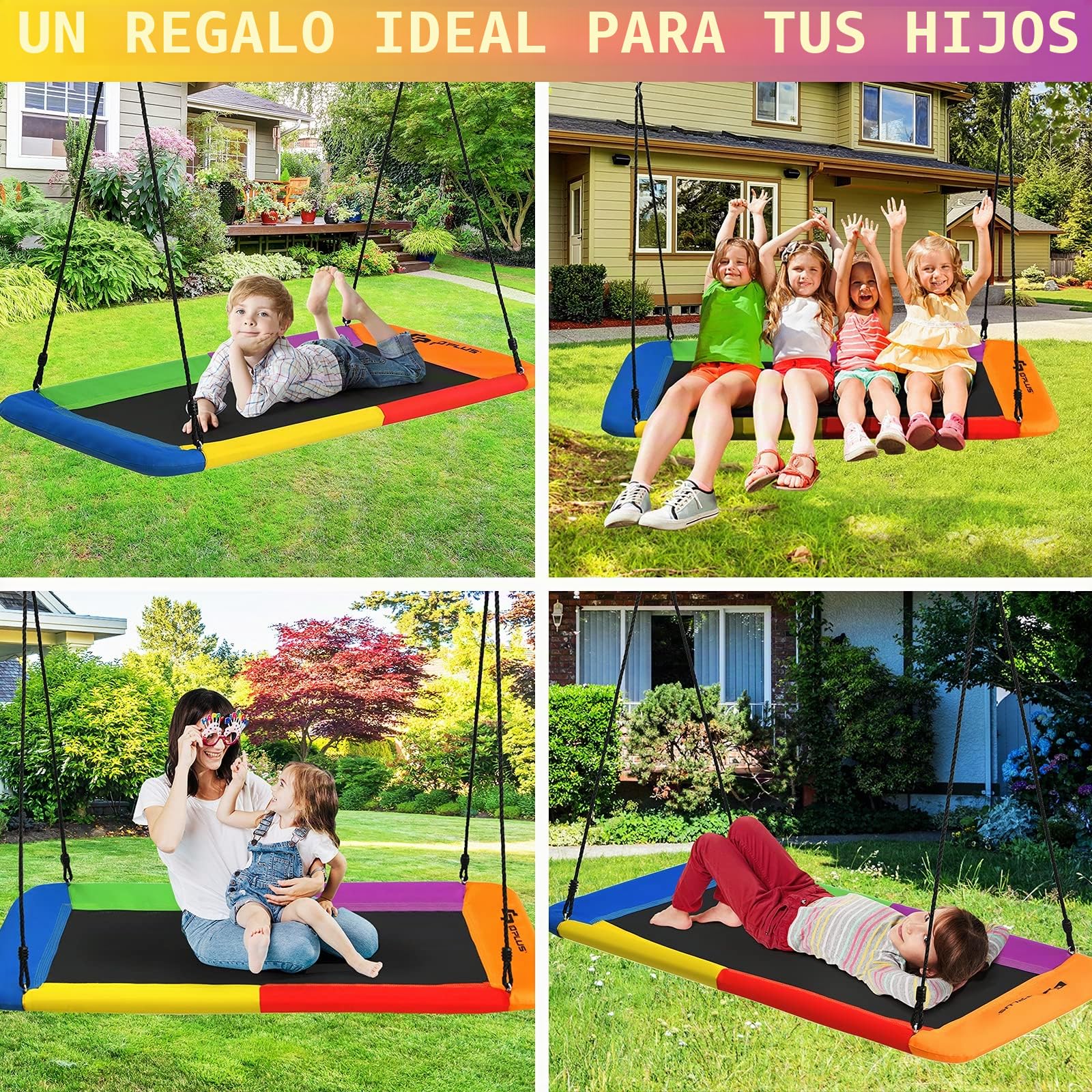 GOPLUS Columpio Rectangular Suspendido al Aire Libre, Nido de Pájaro de Cuerdas Ajustables 100-180CM, Asiento Suspendido al Aire Libre para Niños, hasta 315 KG,150 x 80CM (Multicolor)