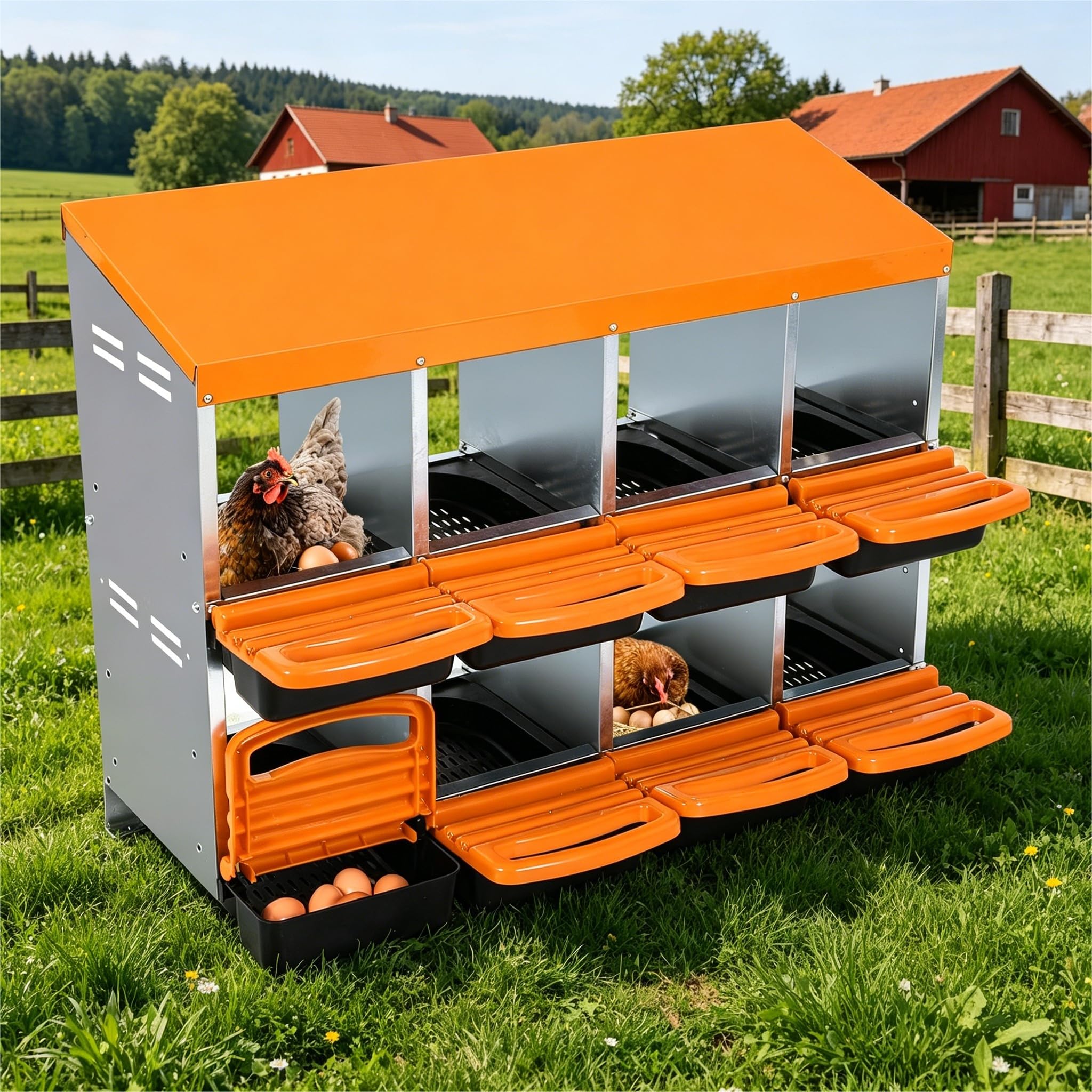 Legenester für Hühner, automatisches Rollauslauf-System, aus verzinktem Metall, langlebig, ideal für Hühnerstall, saubere Eier, Orange, acht Fächer.
