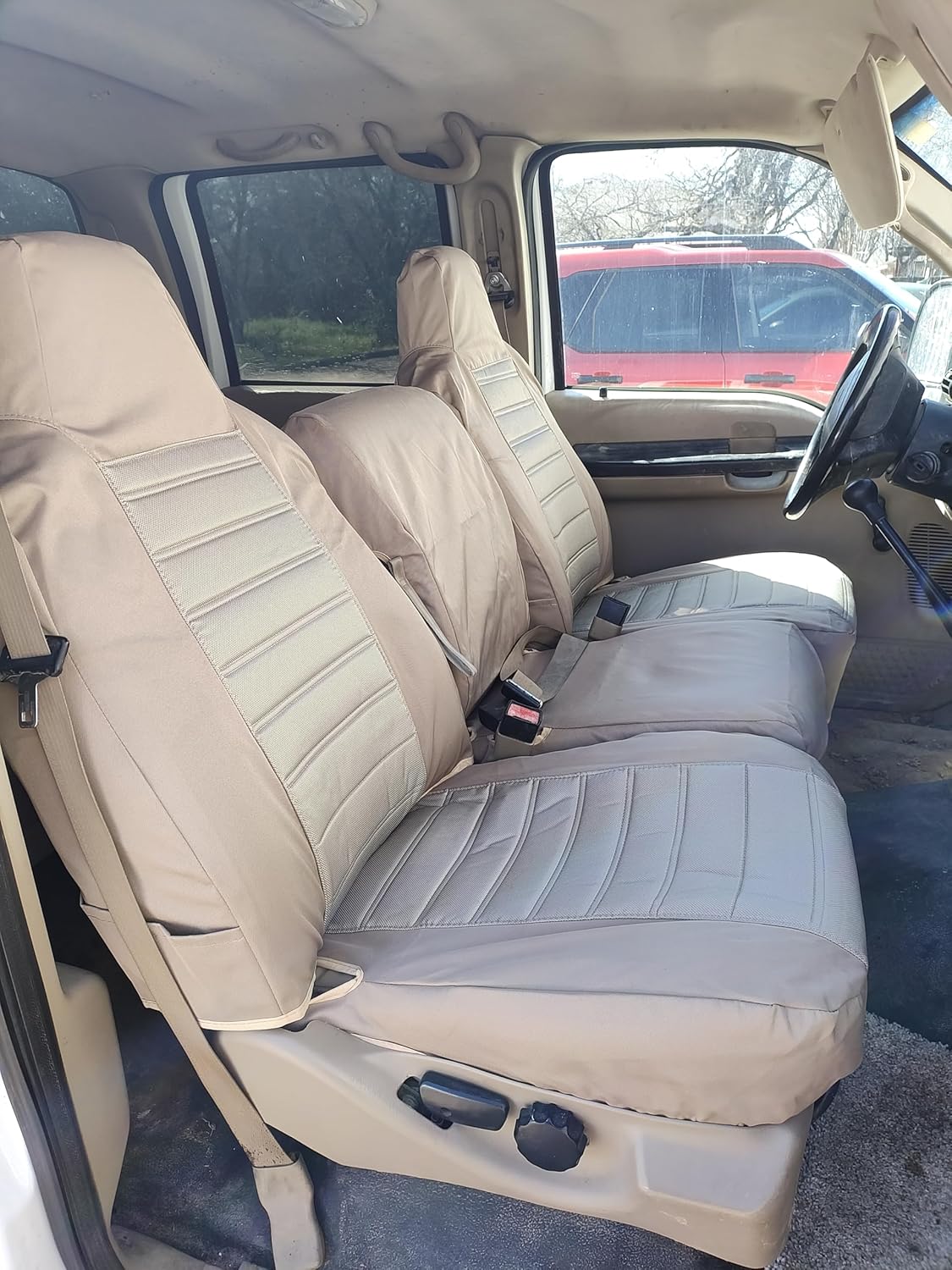 Durafit Seat Covers, F58-X3, 2002-2010 F250-F550 Super Duty, Front 40/20/40 Split Bench Seat with Molded Headrest, Exact Fit Seat Covers, Durable & Rugged, in Tan Twill Fabric