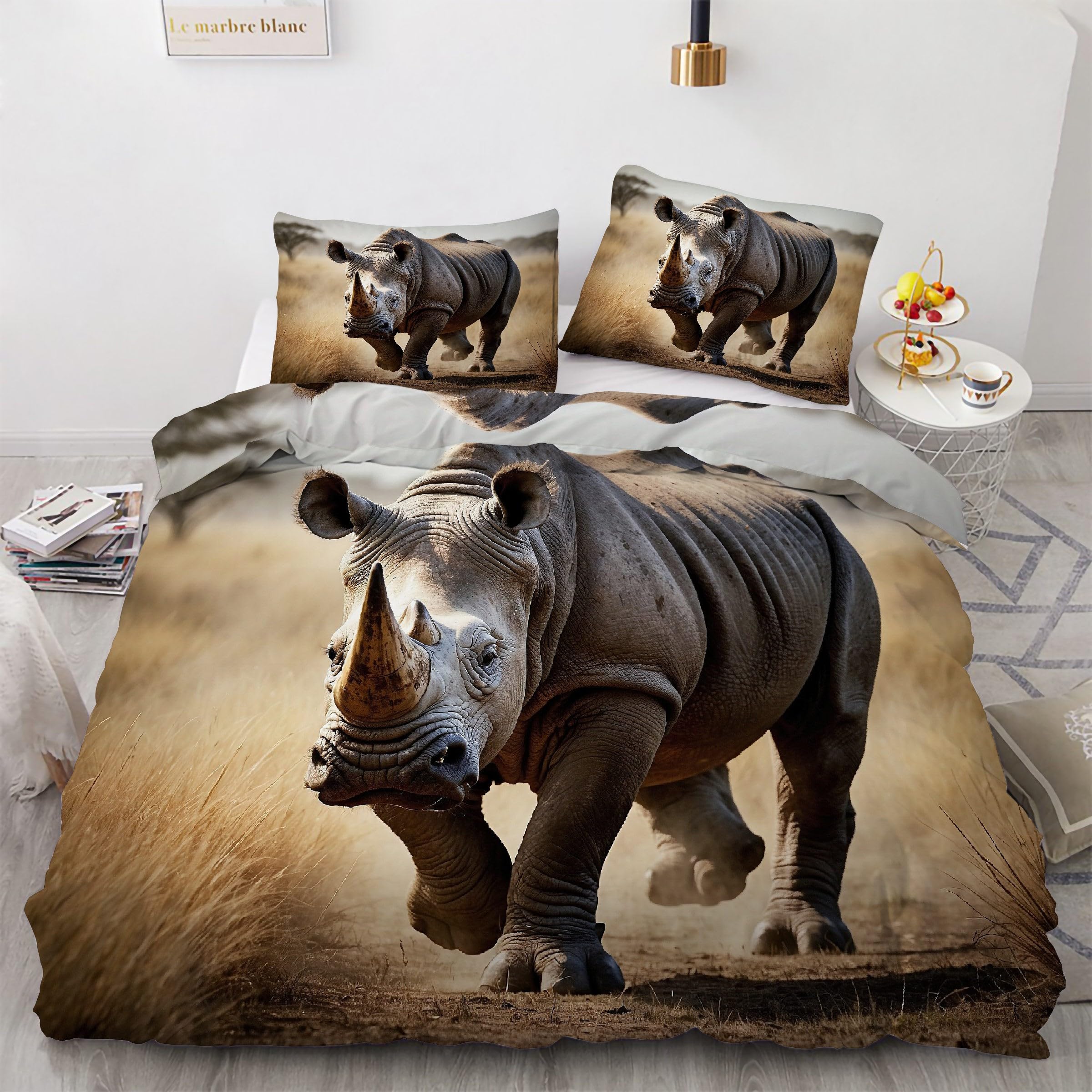 Housse de Couette 200x200 Animal Rhinocéros Blanc en Microfibre Haute Densité Premium