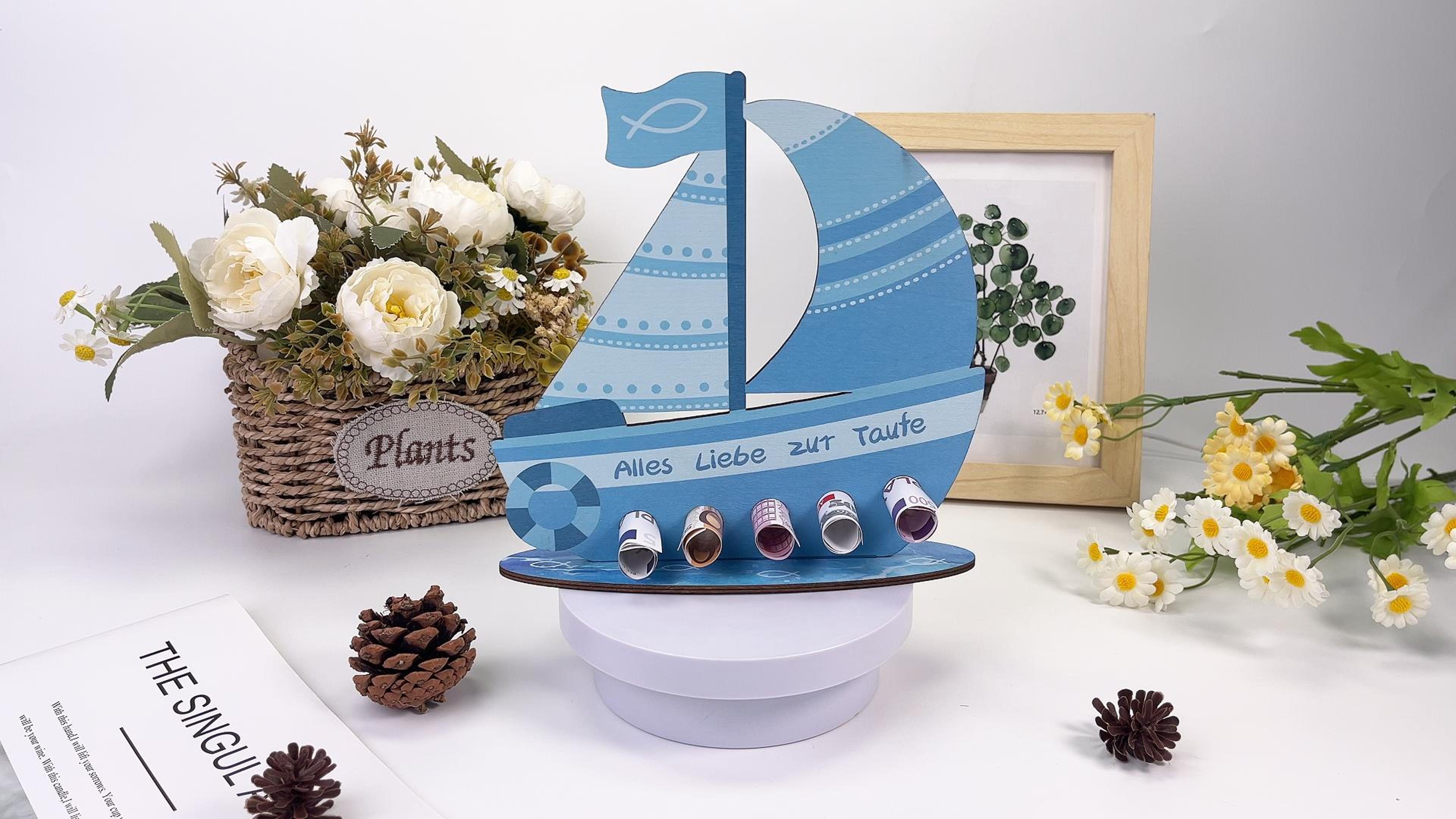 Produktbild von BETESSIN Taufgeschenke Jungen Blau - Alles Liebe Zur Taufe - Holz Boot
