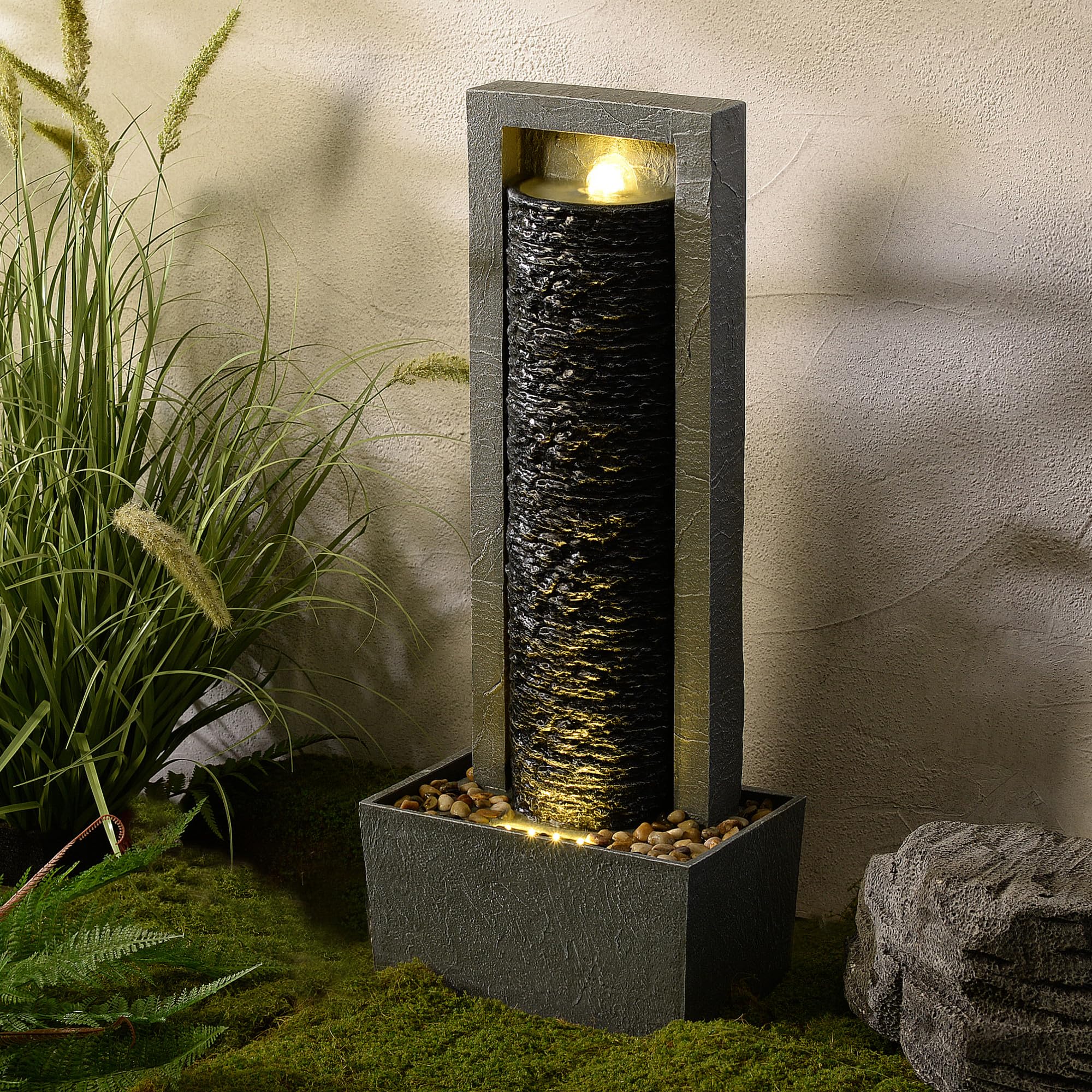 Teamson Home Fontaine de Jardin Haute Cascade exterieure LED Roche superposee Patio Durable Gris Fonce