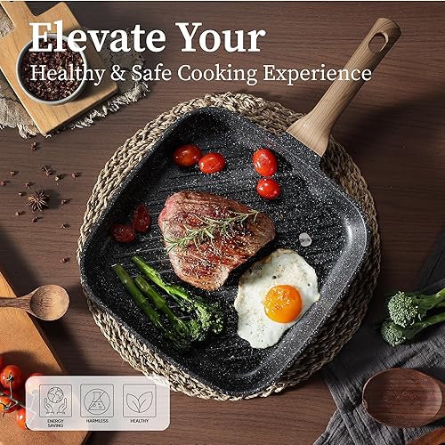 Miniatura 5 de CAROTE Sartén antiadherente de 11 pulgadas para carne, revestimiento antiadherente de granito premium, sartén cuadrada para parrilla, para uso en