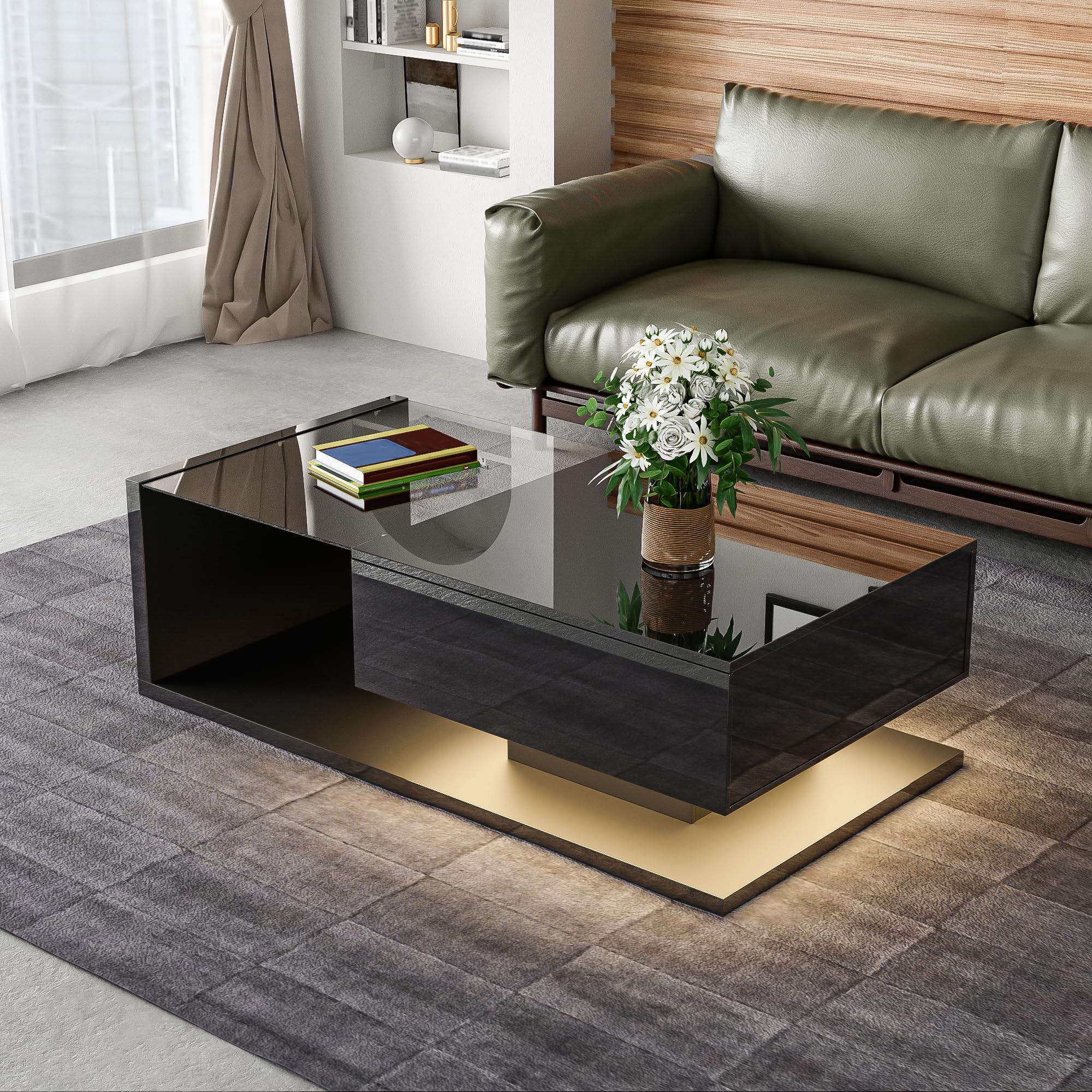 Mesa de centro con iluminación LED, 105 x 55 cm, color negro brillante, moderna mesa de salón con placa de cristal, compartimento de almacenamiento y luz LED RGB, elegante mesa auxiliar para