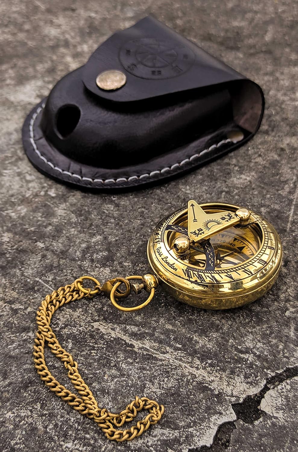 Brass Sundial Compass with Leather Case and Chain - Push Open Compass - Steampunk Accessory - Pocket Sundial Compass -Sundial Clock, Gold, 2 Inch