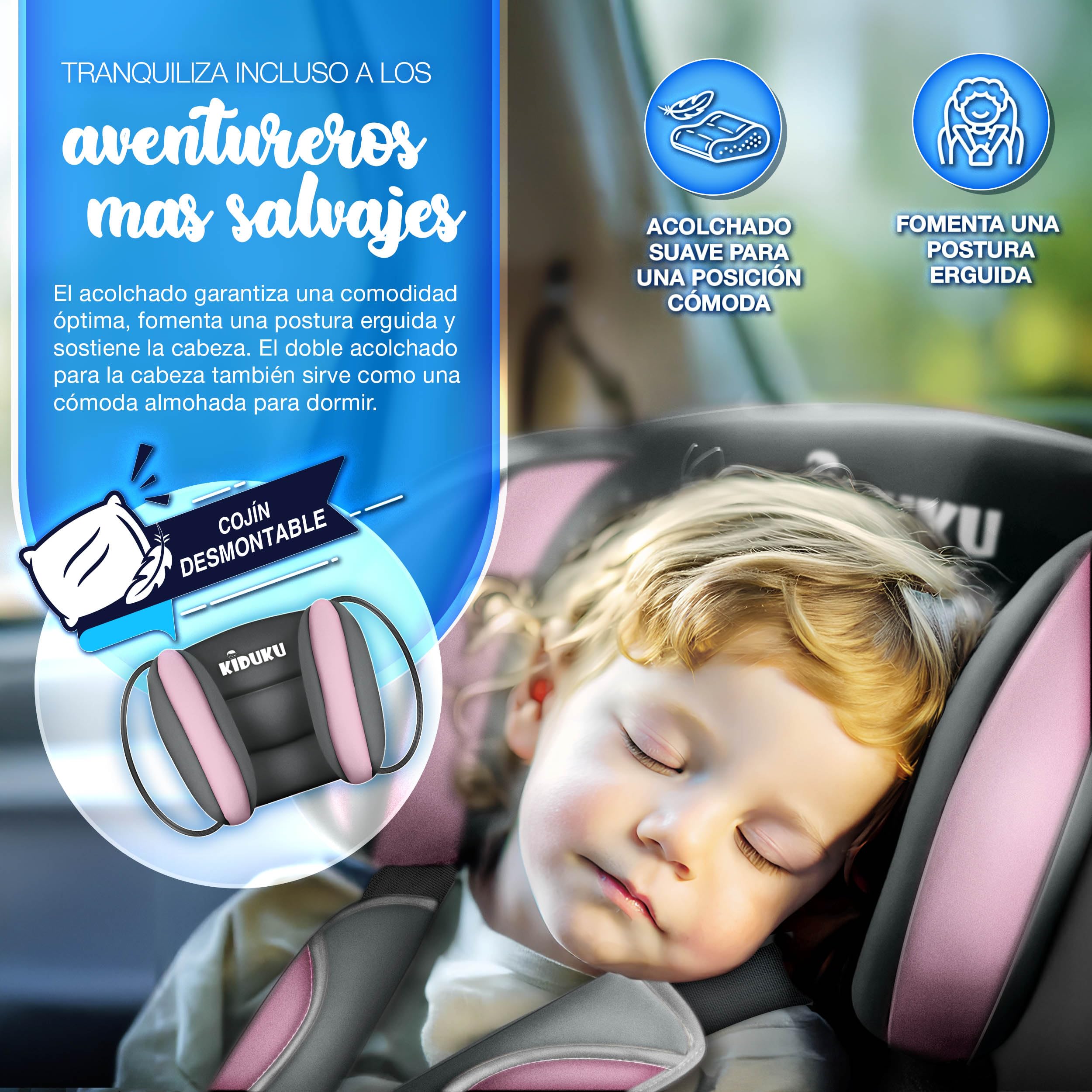 KIDUKU® Silla de coche, crece con el niño, 9 kg-36 kg (1-12 años), Grupo 1/2/3 (Gris/Rosa)