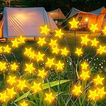 4 Pack Solar Garden Lights, 10 LED Star Firefly Lights Solar Outdoor Waterproof Solar Powered High Flexibility Swaying Outdoor Lights for Pathway Yard Walkway Patio Decoration, Warm White, 800W