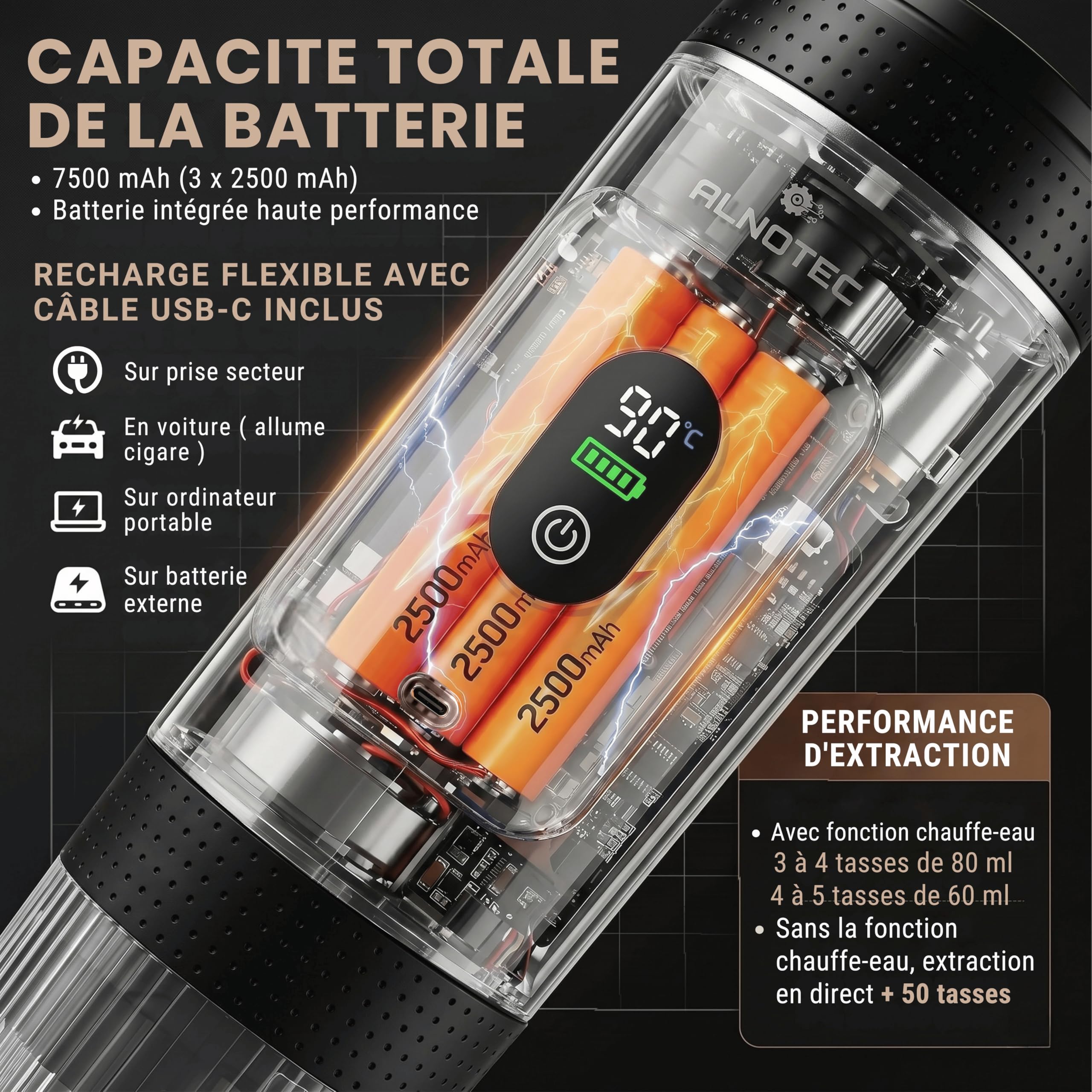 Machine à Café Portable Électrique 20 Bar Auto-Chauffante – 3 EN 1 Compatible Capsules NES®, DG® et Café Moulu – 2 Adaptateurs Café Moulu 8g et 16g – LED – USB-C (GRIS, + sac et support)