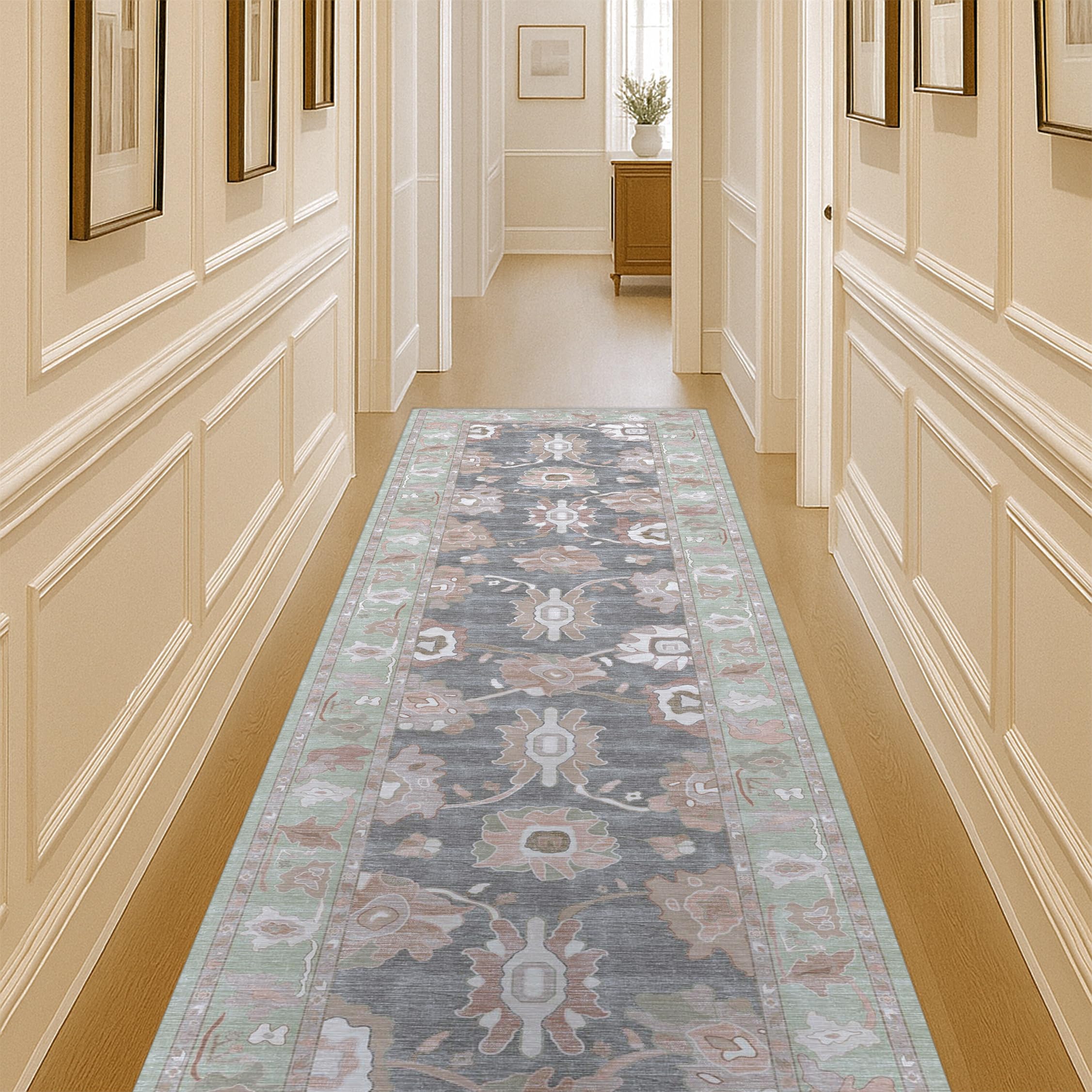 Fame Living Green Oushak Runner Rug, Modern Runners, Vintage, Turkish, Eclectic, Floral, Pastel, Washable, Runner for Hallway, Kitchen, Bedroom,