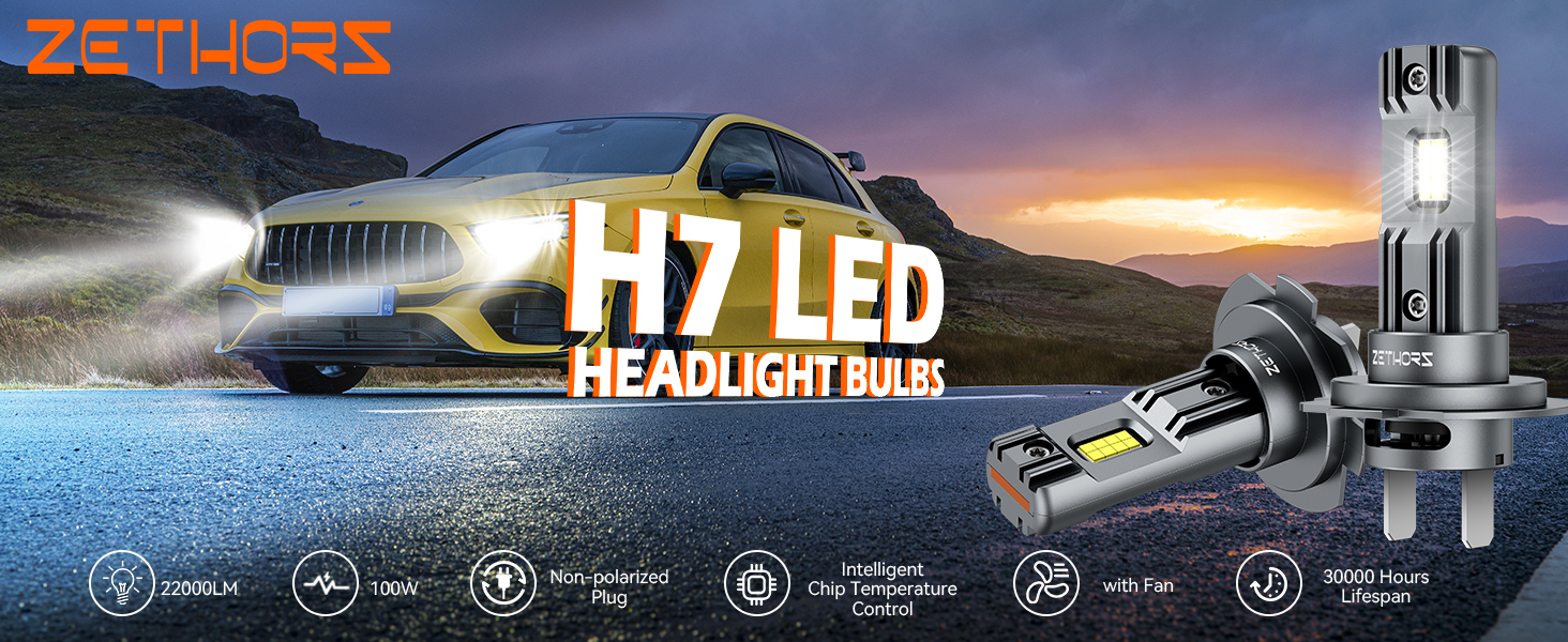 Zethors H7 LED Headlight Bulb with Fan 100W 22000LM 6000K Xenon
