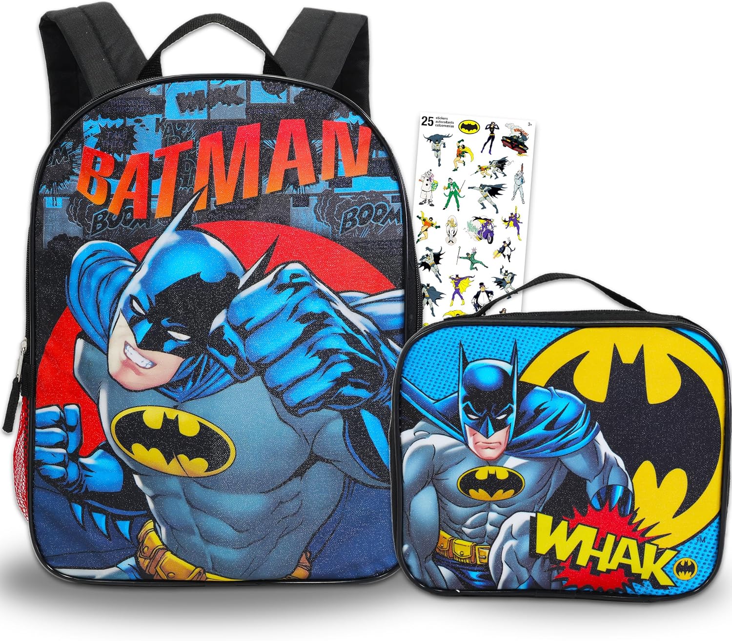 Batman Backpack and Lunch Box Bundle Set ~ Deluxe 16" Batman Backpack for Boys Kids with Insulated Lunch Bag and Stickers (Batman School Supplies)
