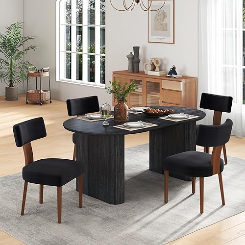 Miniatura 12 de Juego de mesa de comedor ovalada extensible de 59 a 90 pulgadas con 6 sillas de comedor con respaldo en T para 6 personas, moderna mesa de comedor