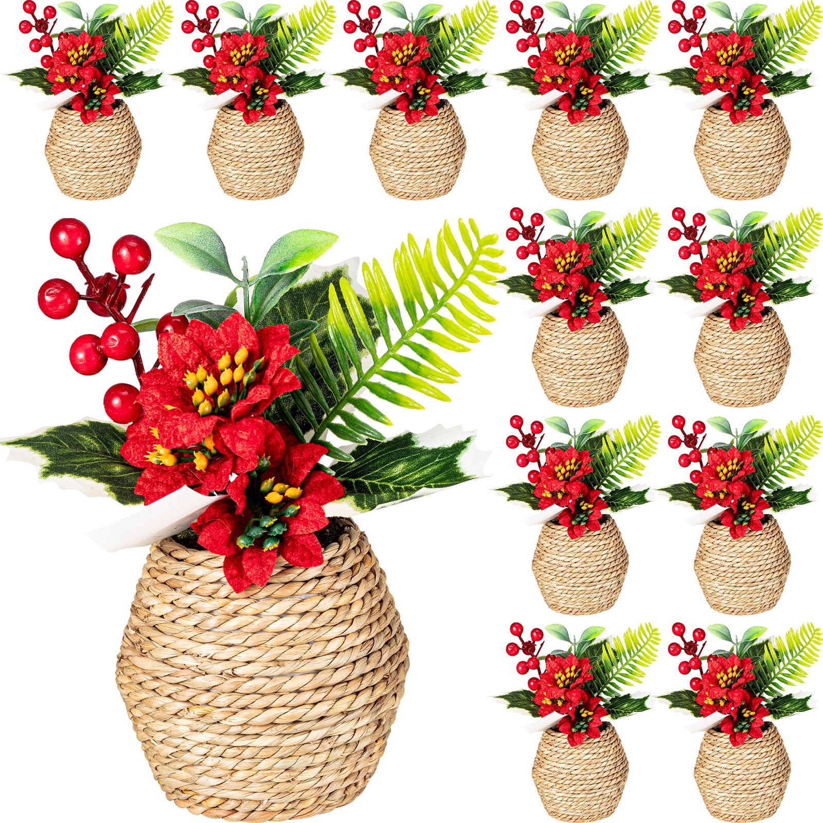 Yuxung 12 Pcs Faux Christmas Flowers Poinsettia and Holly Berries Flower Arrangements Artificial Poinsettia Flowers in Pot Holiday Table Arrangements Fake Floral Decorative Ornament Holiday Decor