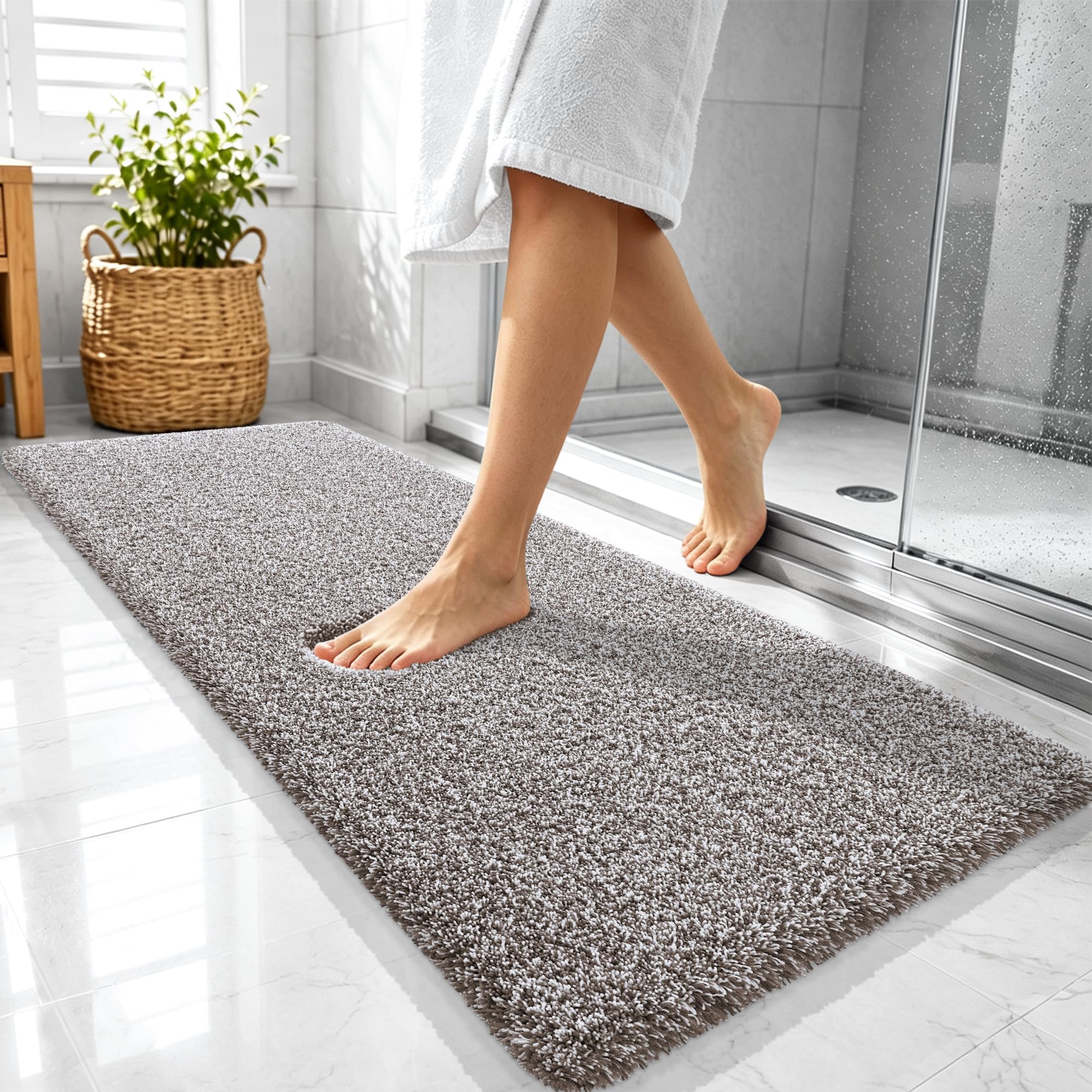 OLANLY Microfiber Bathroom Rugs 47x20, Quick Dry Bath Mat, Brown and White