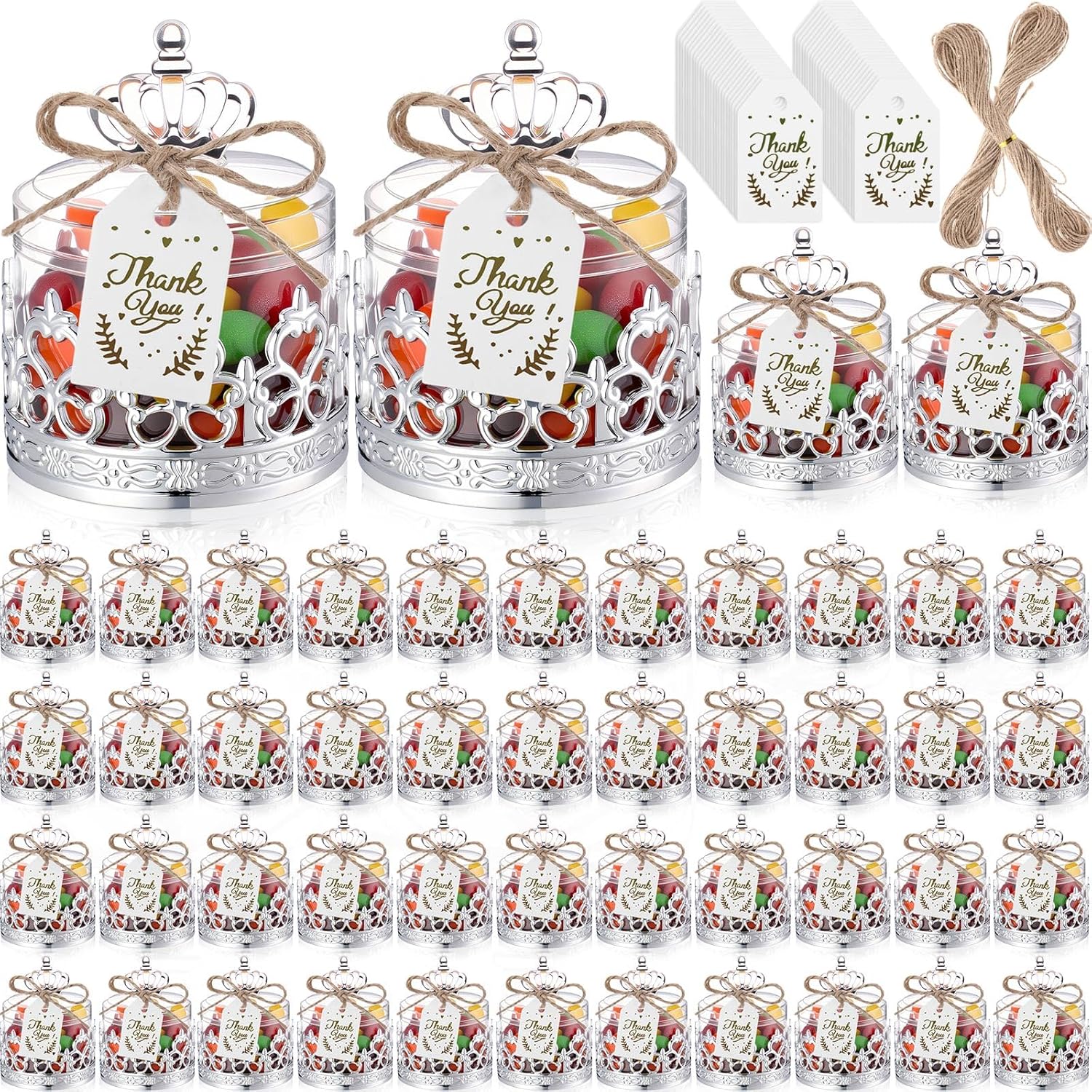 Jingmore 60 Sets Mini Crown Candy Boxes with Thank You Tags and Twine Plastic Candy Containers Storage Boxes Decorative for Wedding Baby Shower Party Princess Birthday Supplies (Gold)
