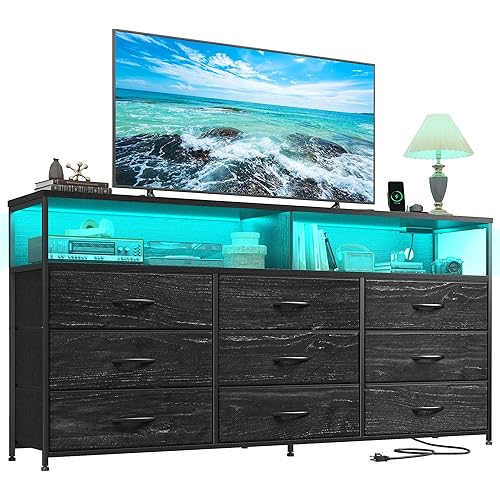 55" W Dresser for Bedroom with 9 Drawers, LED TV Stand with Power Outlets for 45, 55, 65 Inch TV, Sturdy Long Chest of Drawers with Extra 2 Wooden Shelves, Grain Black