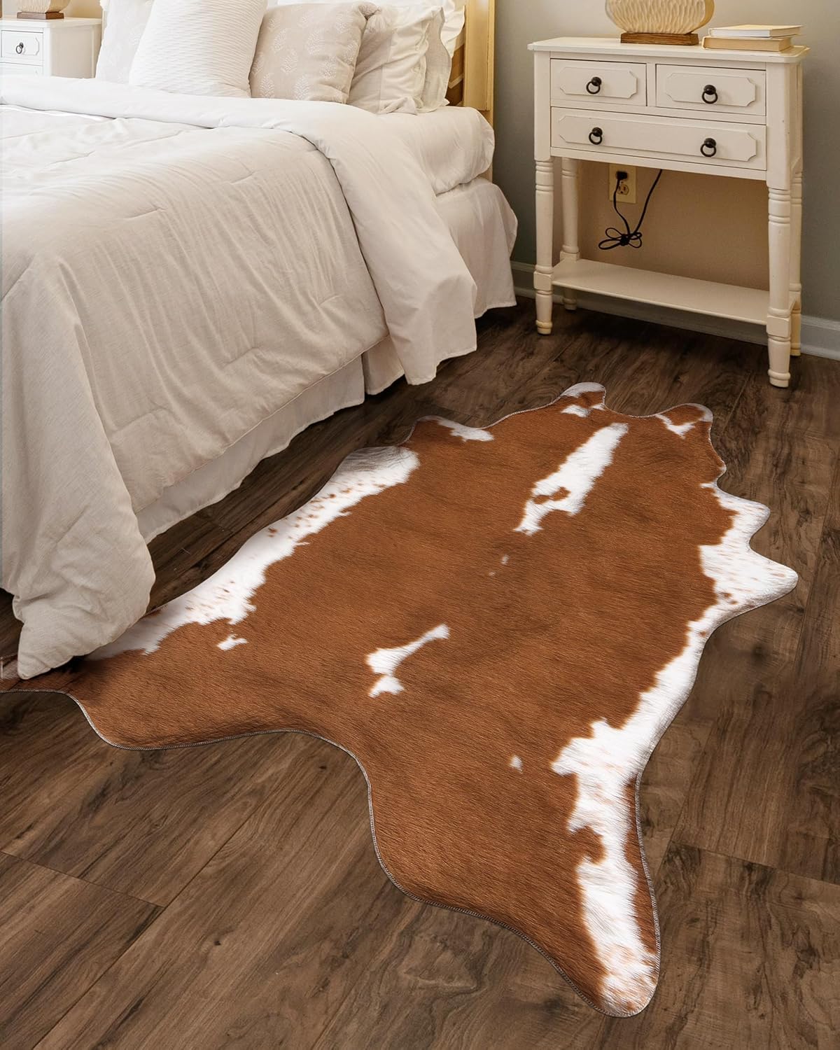 Faux Fur Cowhide Cow Rug: 4.6 x 5.2 Feet Premium Cow Print Animal Hide Area Carpet Large Rustic Western Decor for Living Room Bedroom Light Brown