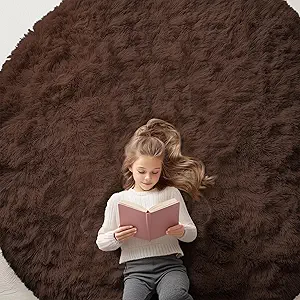 OLANLY Coffee Round Rugs for Bedroom - Machine Washable, 7 ft Circle Area Rugs for Living Room, Soft and Fluffy Shaggy Carpet for Teen Girls and Boys, Nursery Rooms, Dorms, Home Decor Aesthetic