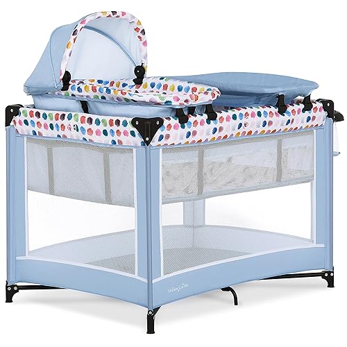 Dream On Me Lilly - Corral de lujo en gris primavera con moisés completo, bandeja cambiadora y cuna para bebé, con dosel, tela impermeable,