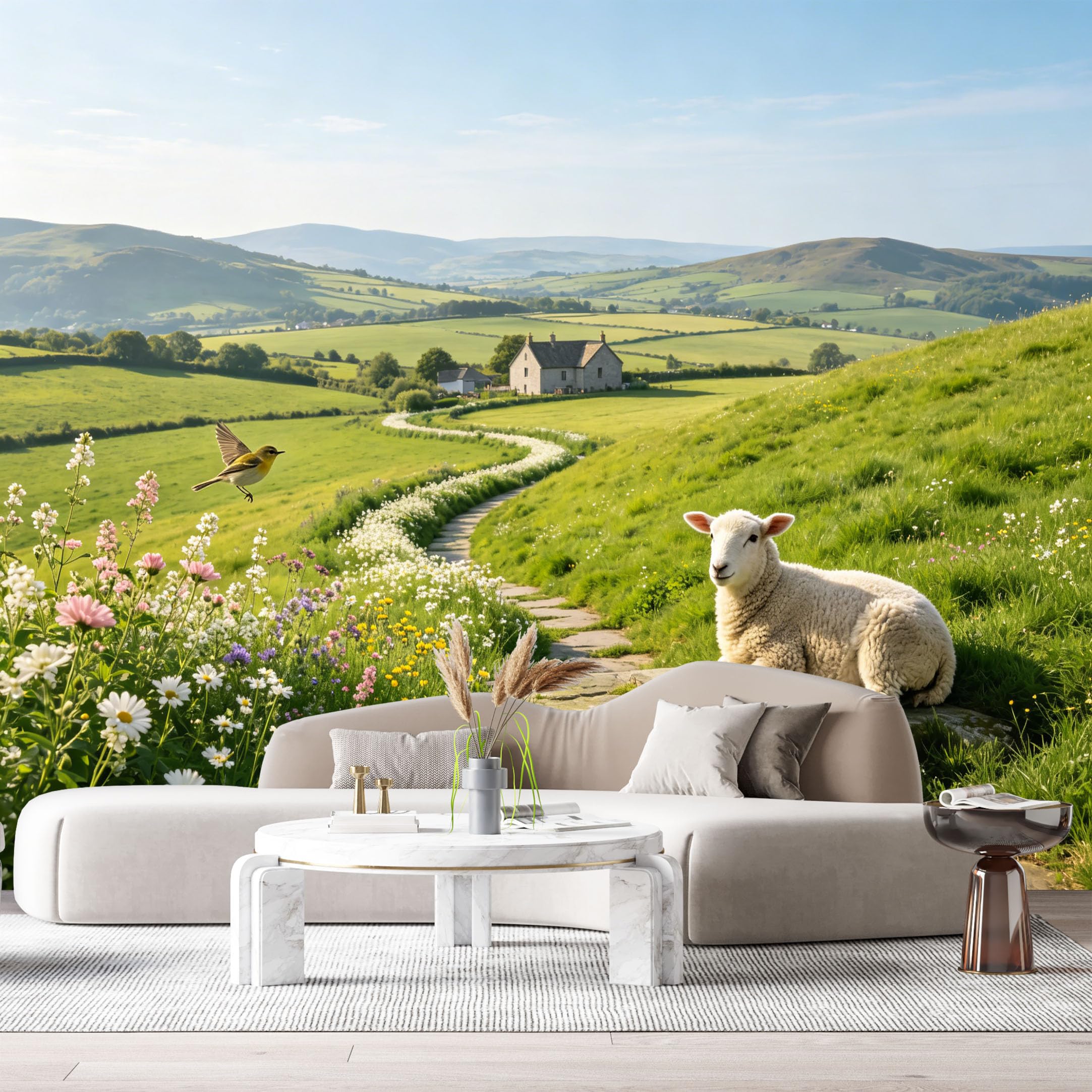 Custom Size Wall Murals Farmhouse American Country Landscape Sheep Stone Pathway Wildflowers SelfAdhesive Wall Fabric Removable Large Wallpaper for Photo Living Room