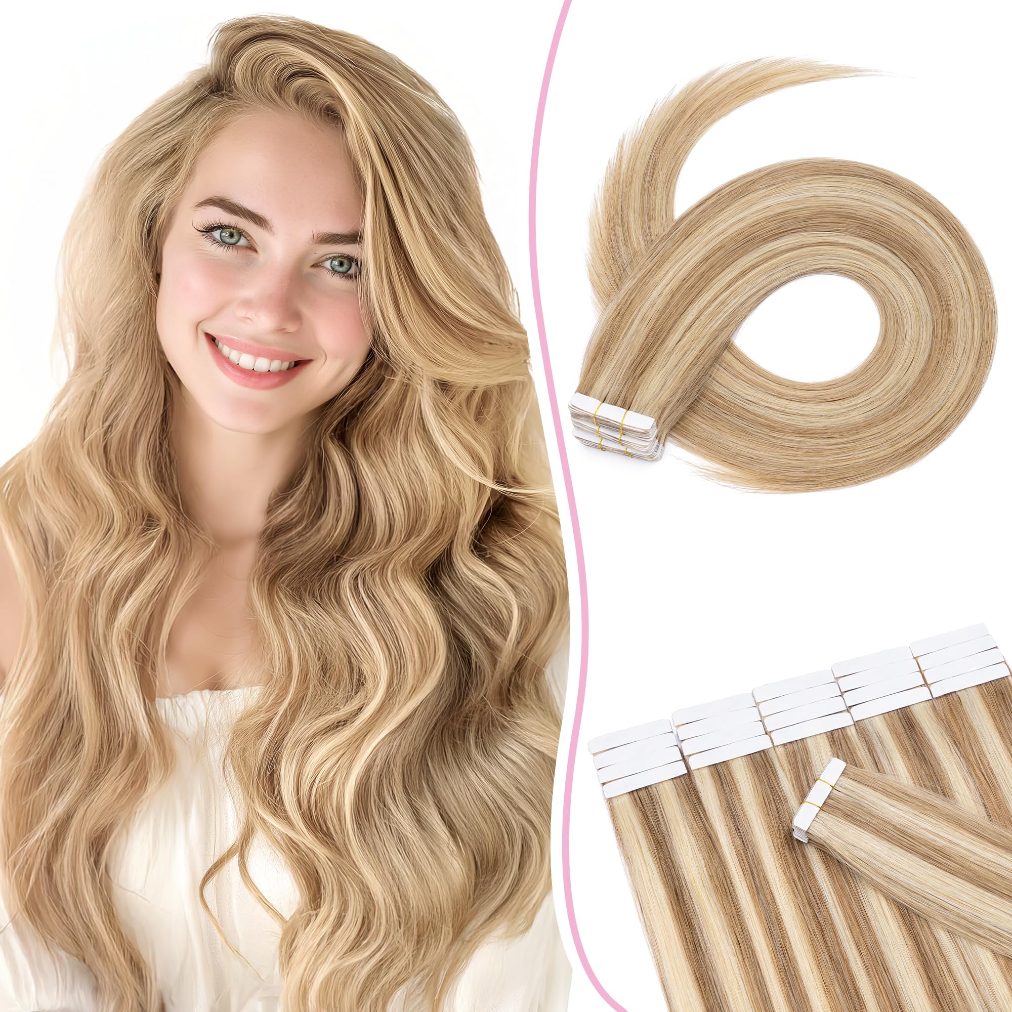 SEGO Pro Tape in Hair Extensions Real Human Hair 14 Inch 20 Pcs 30g Invisible Seamless Straight Tape Extensions for Women #12P613 Golden Brown with Bleach Blonde Highlights