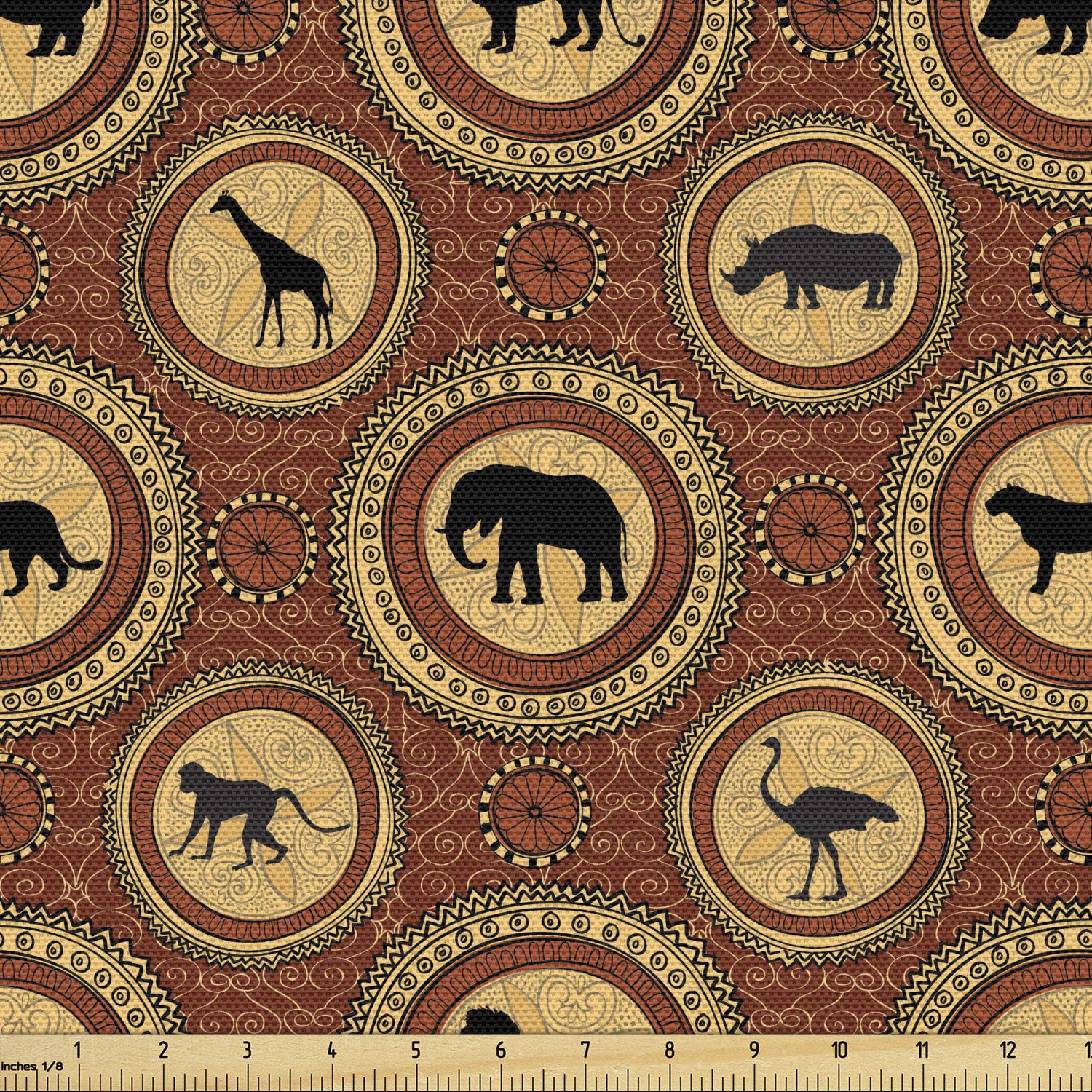 AmbesonneSafari Fabric by The Yard, Medallion Pattern of Monkey Giraffe Lion African Inspired Design, Decorative Fabric for Upholstery and Home Accents, 2 Yards, Mustard Brown