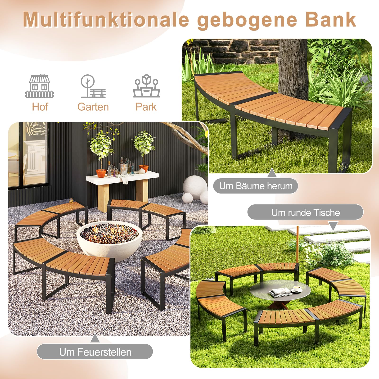 GOPLUS Gartenbank Holz, 2-3 Sitzer Holzbank wetterfest, Sitzbank Outdoor, gebogen, Parkbank ohne Rücklehne, bis zu 360kg belastbar, Bank Garten Terrasse Balkon (Natur,2)