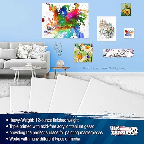 Miniatura 4 de U.S. Art Supply Lienzos estirados de 10 x 20 pulgadas para pintar, imprimado triple de 12 onzas, paquete de 6 unidades, perfil blanco en blanco de