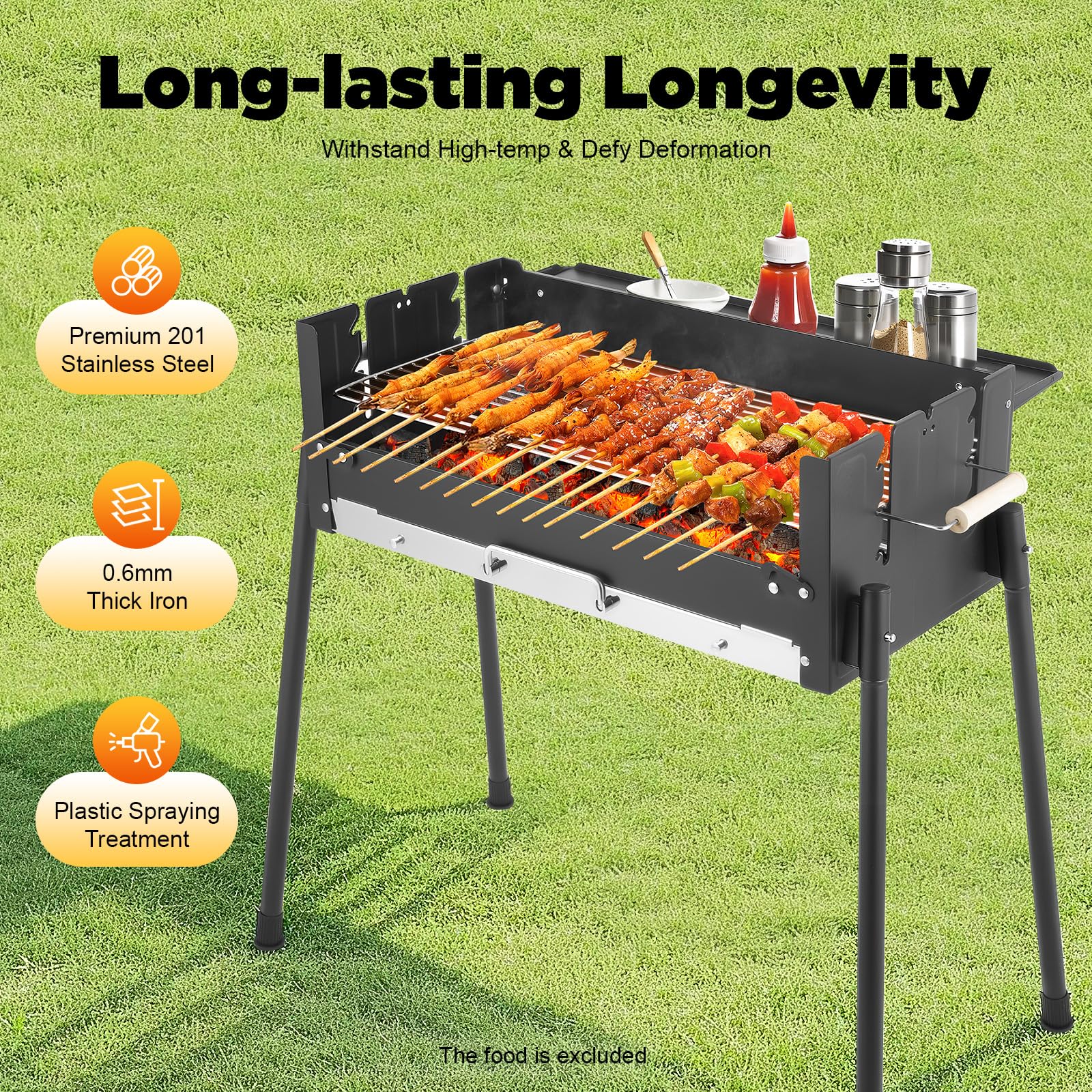 Grill na kółkach na węgiel drzewny z żeliwnym rusztem, ruszt do grillowania ze stali nierdzewnej, składany i przenośny, ochrona przed wiatrem z regulacją wysokości rusztu