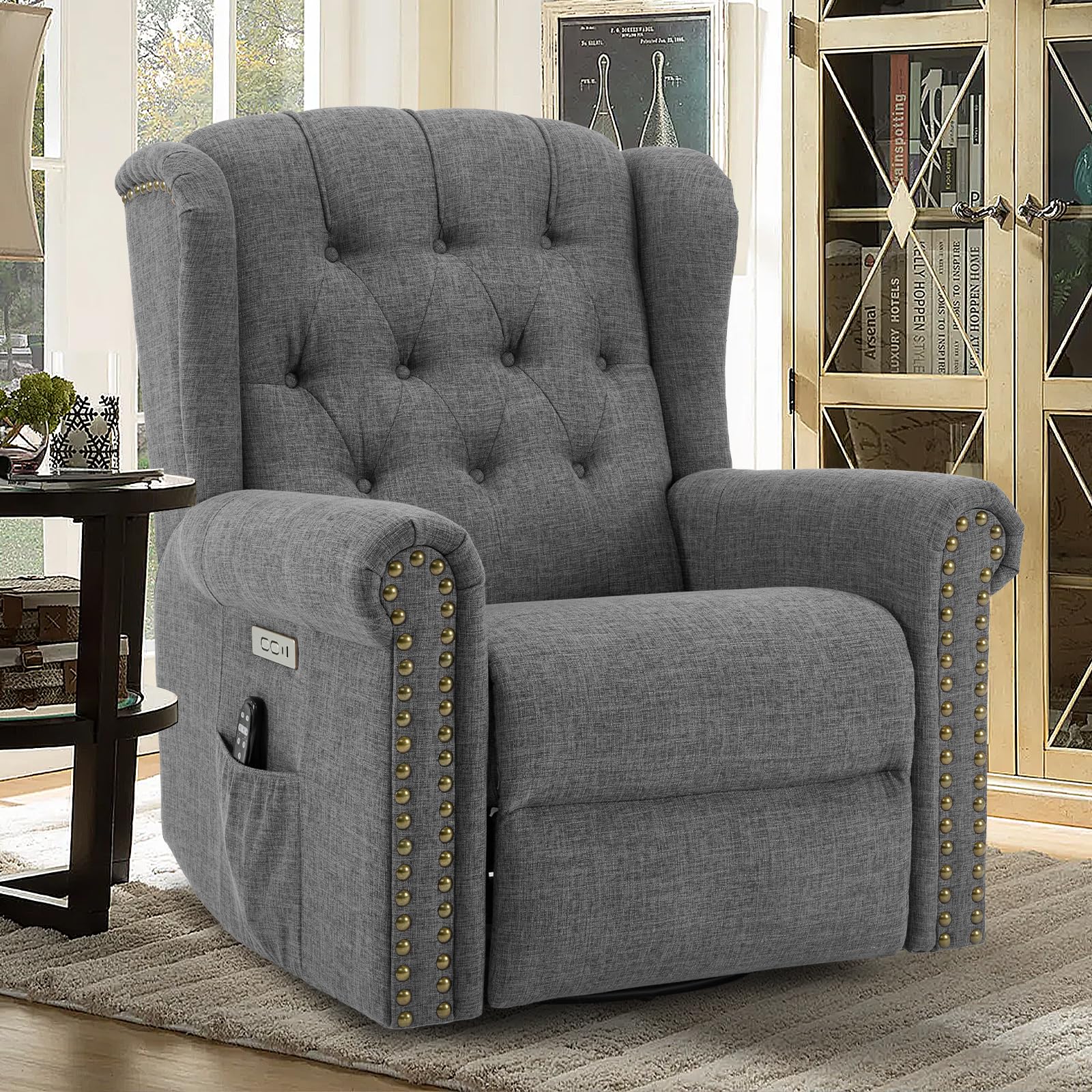 W WARMHOL Power Swivel Rocking Glider Recliner Chair, Electric Nursery Reclining Sofa Chair with Heat and Massage, Wingback Tufted Upholstered