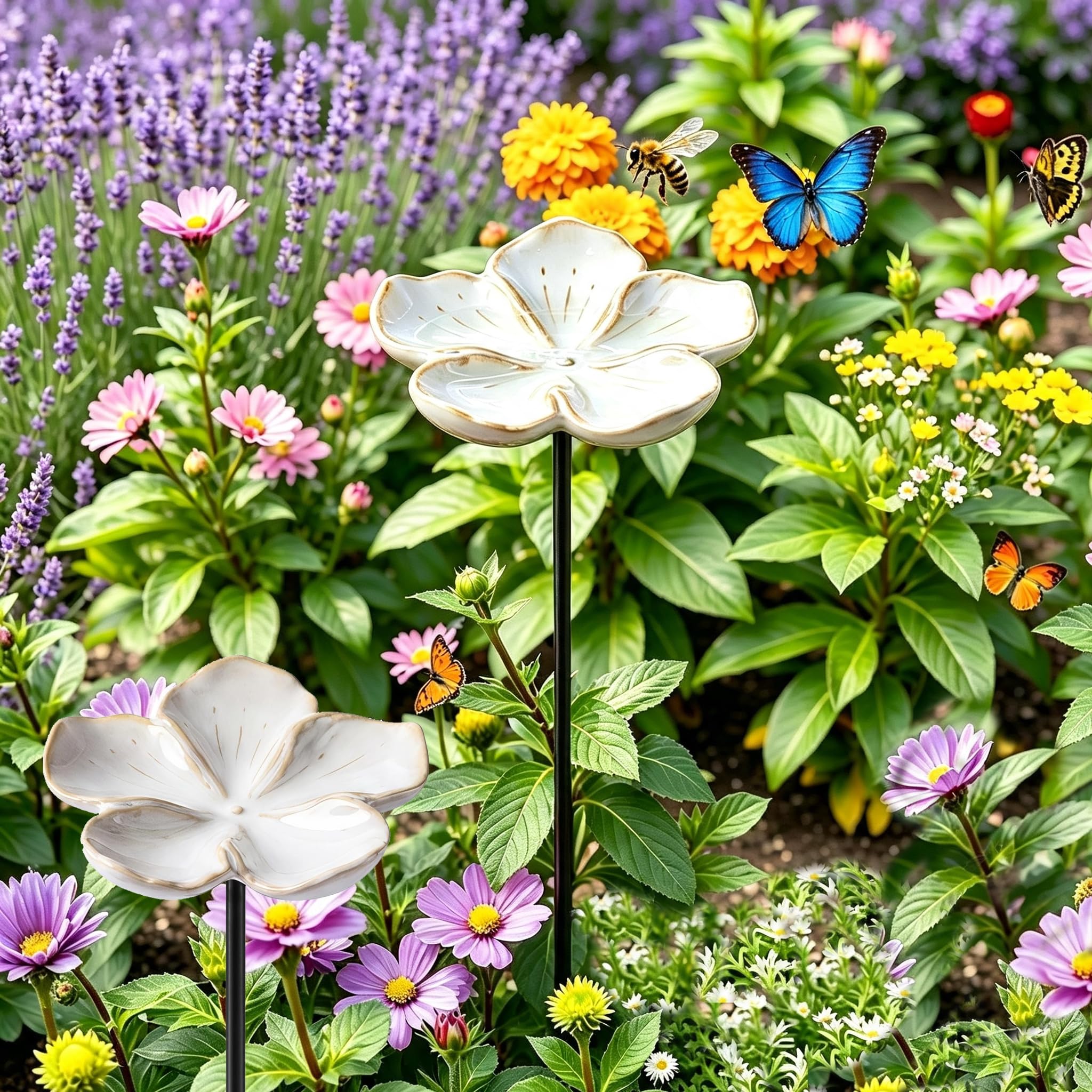 Bee Watering Station Ceramic Colourful Butterfly Pollinator Waterer Holder (A-White x2)