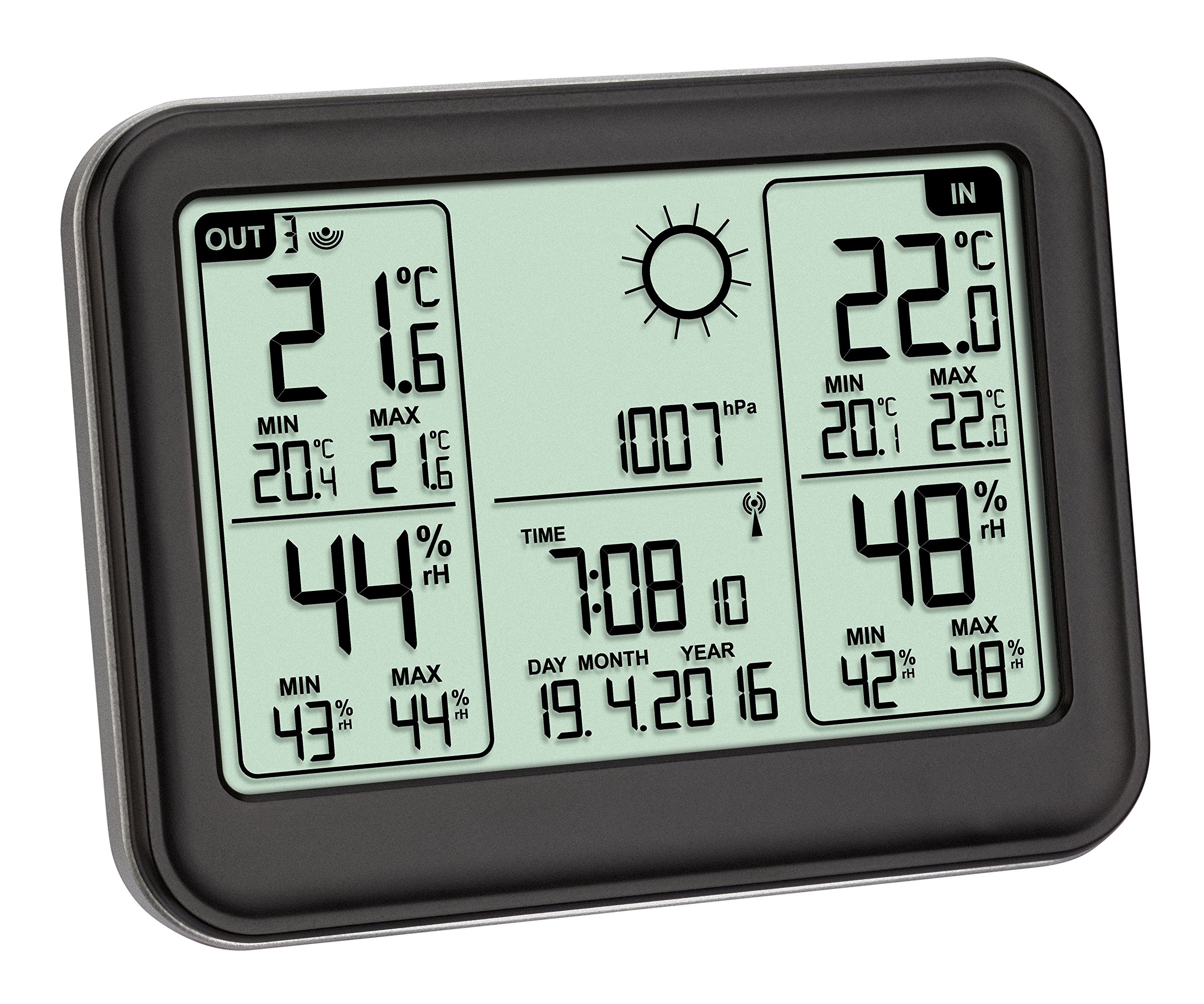 TFA Dostmann stazione meteorologica radiocontrollata Memo, 35.1141.01, temperatura e umidità, valori massimi e minimi, previsioni del tempo, con sensore esterno, nero