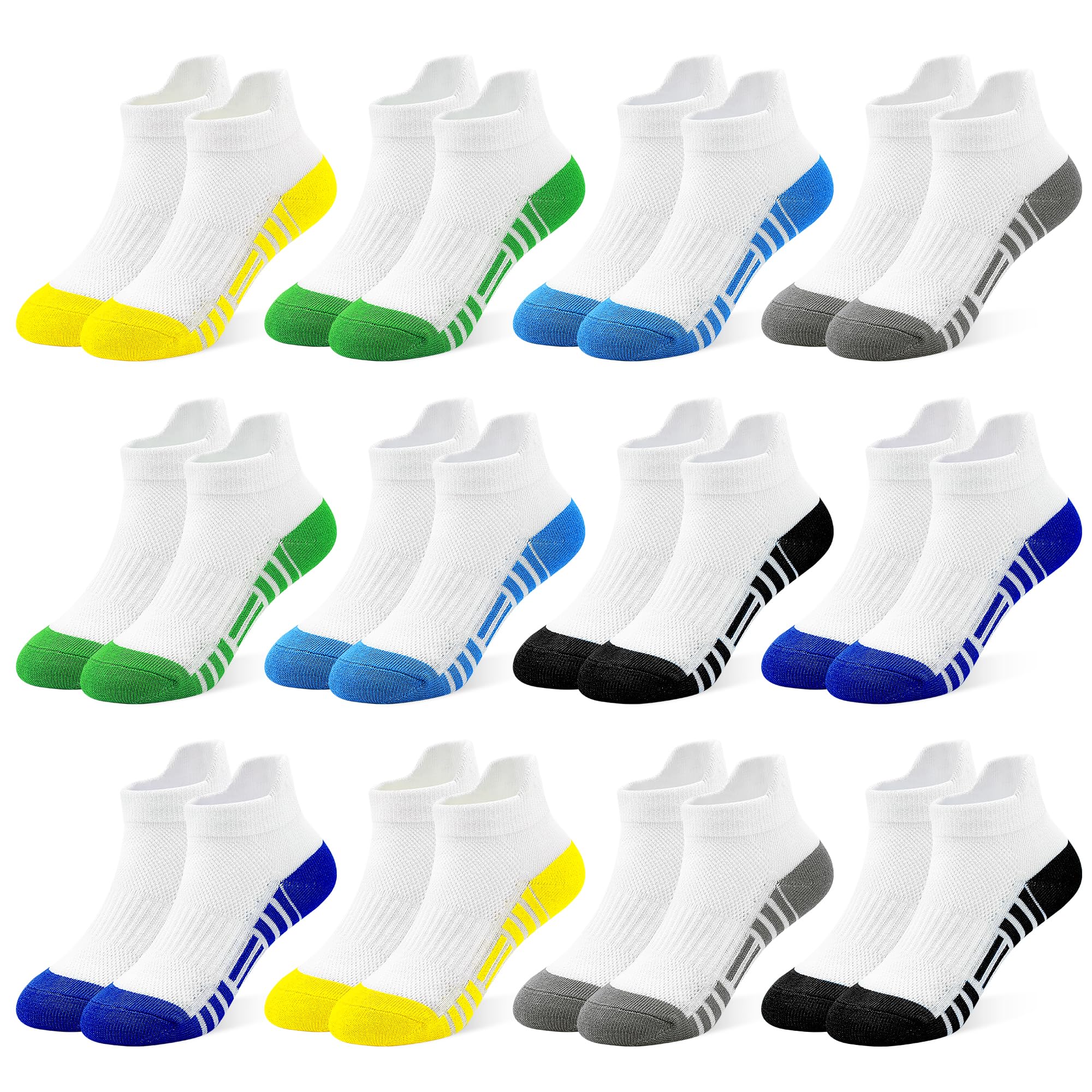 GENTABY Calcetines deportivos para niños y niños, 12 pares, colores clásicos, negro y blanco, de tiras de empalme, calcetines de algodón transpirables para 1-14 años, 20-38, calcetines deportivos