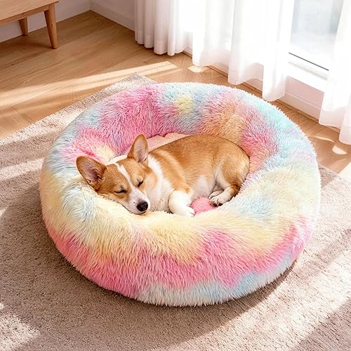 Miniatura 12 de Cama para perros en forma de dona, tamaño mediano, camas redondas para perros y gatos pequeños y medianos con piel sintética esponjosa lavable,