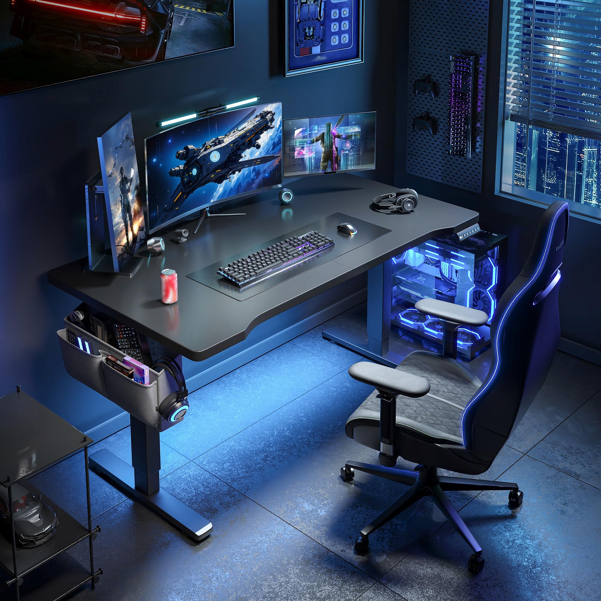 enhomee electric gaming standing desk with led lights48 x 24 inch height adjustable computer desk with 3 memory presetgaming sit stand desk with storage side pocket and cable managementblack