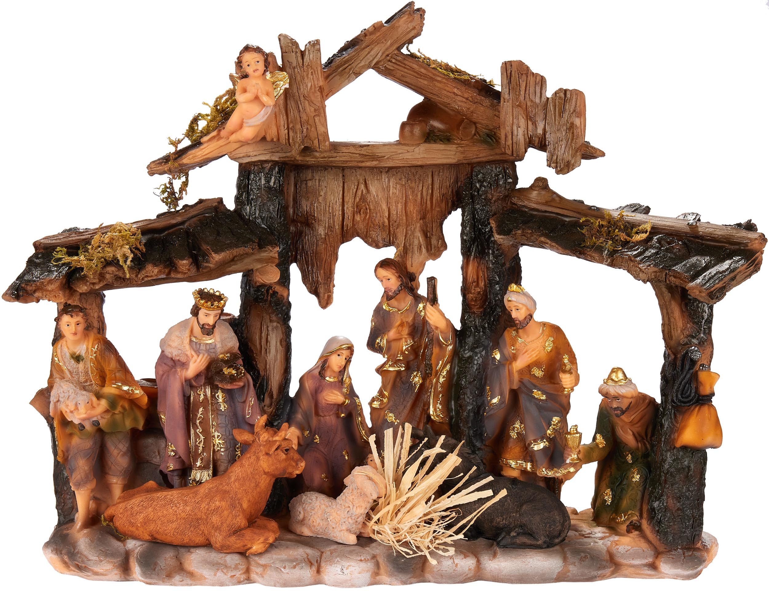 BRUBAKER Crèche de Noël - Crèche de table de 34 cm avec figurines de Noël peints à la main Jésus, Marie, Joseph et Rois dans la crèche avec des animaux - Figurine de crèche décoration de Noël en