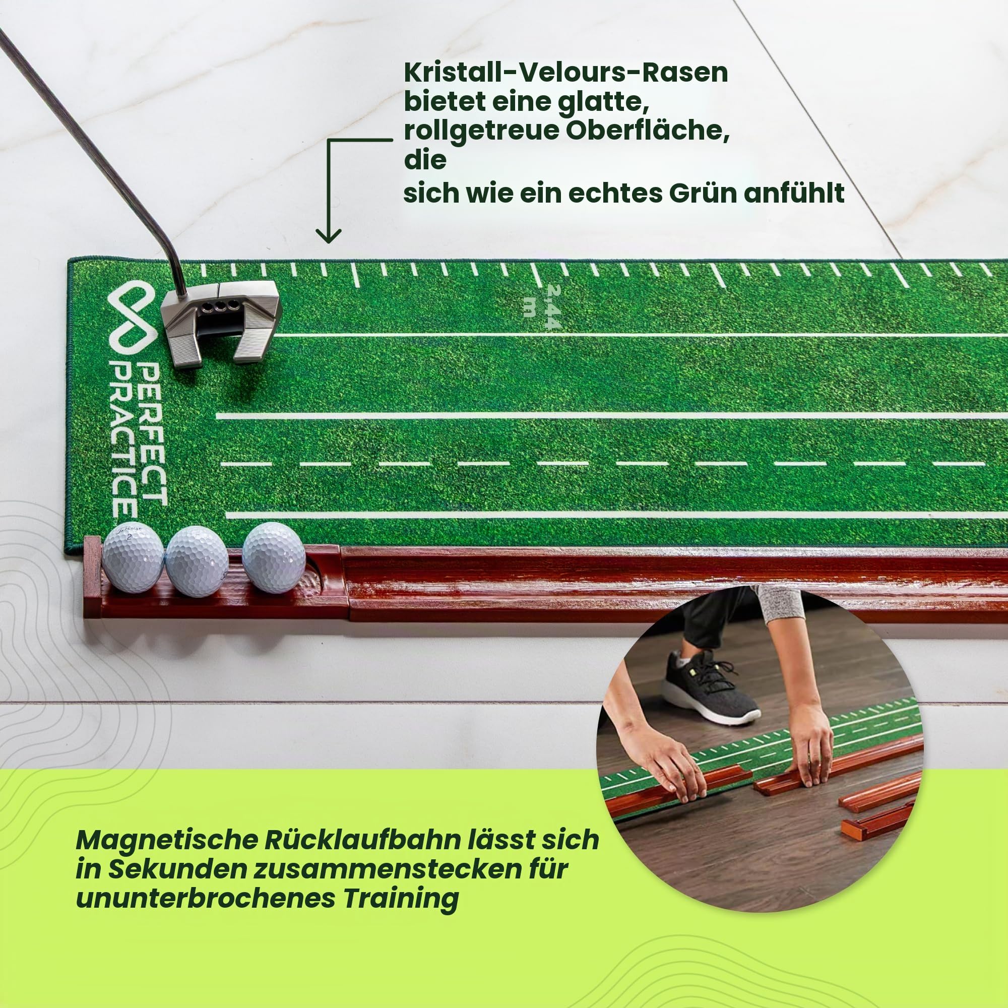 Perfect Practice Golf Putting Matte – Tragbares Putting Grün Indoor Outdoor Training mit Ballrücklauf Golf Trainingshilfe
