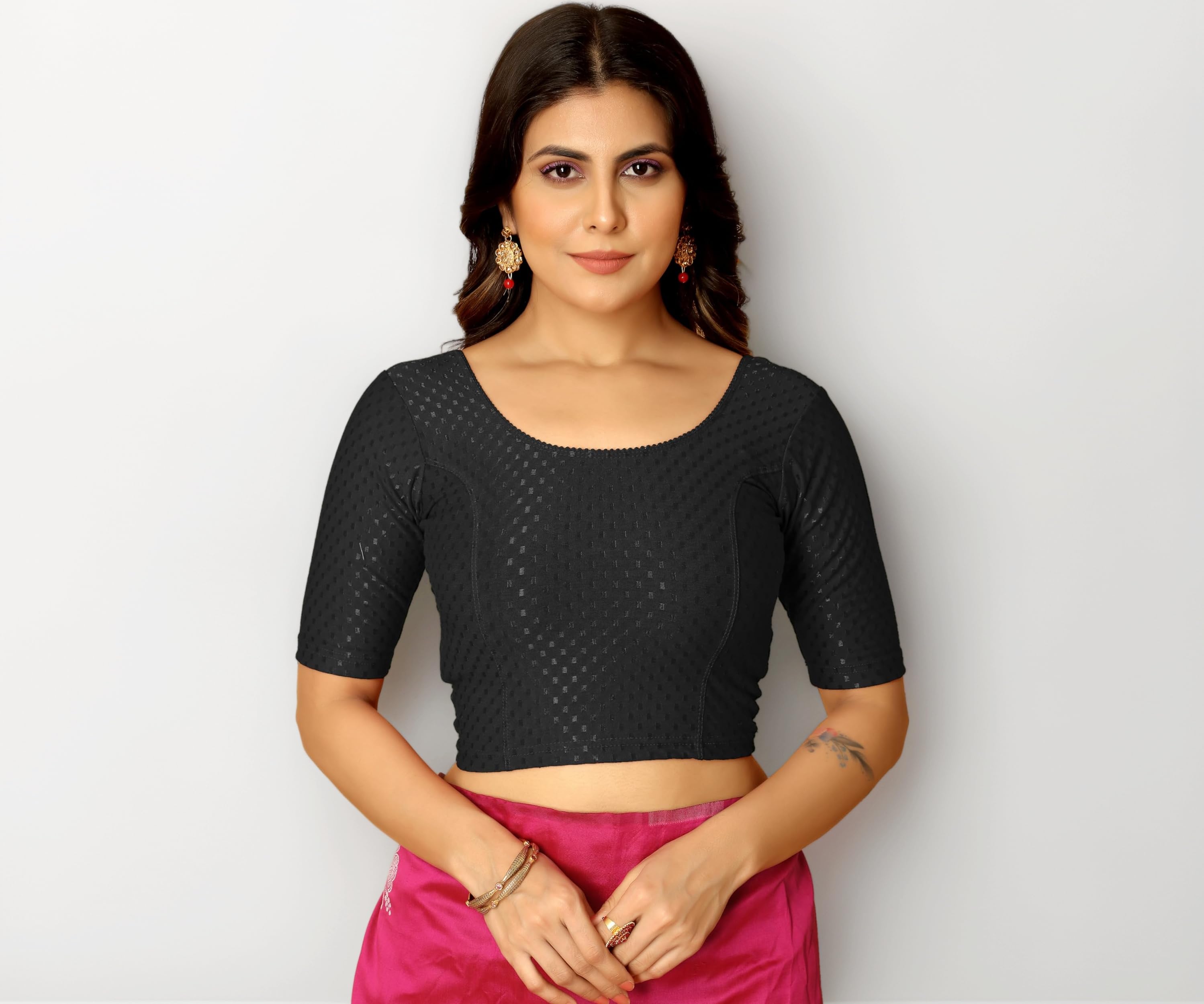 Round Neck Dobby Cotton Lycra Stretchable Elbow Half Sleeve Readymade Saree Blouse for Women Stylish