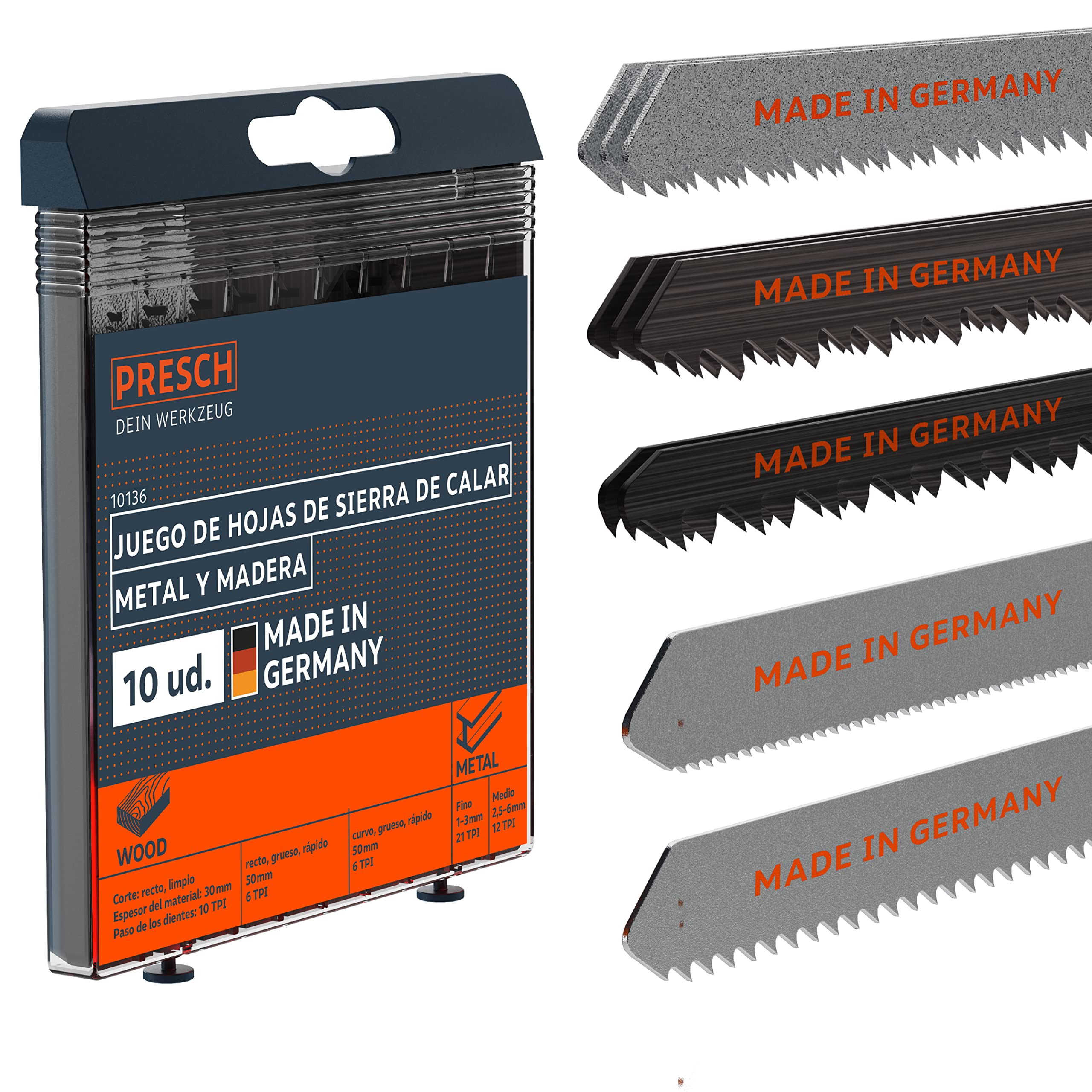 Presch Juego de hojas de sierra de calar Metal y madera 10 ud. - Un juego de hojas de sierra de calar para todas las aplicaciones - Hojas de sierra duraderas con vástago en T