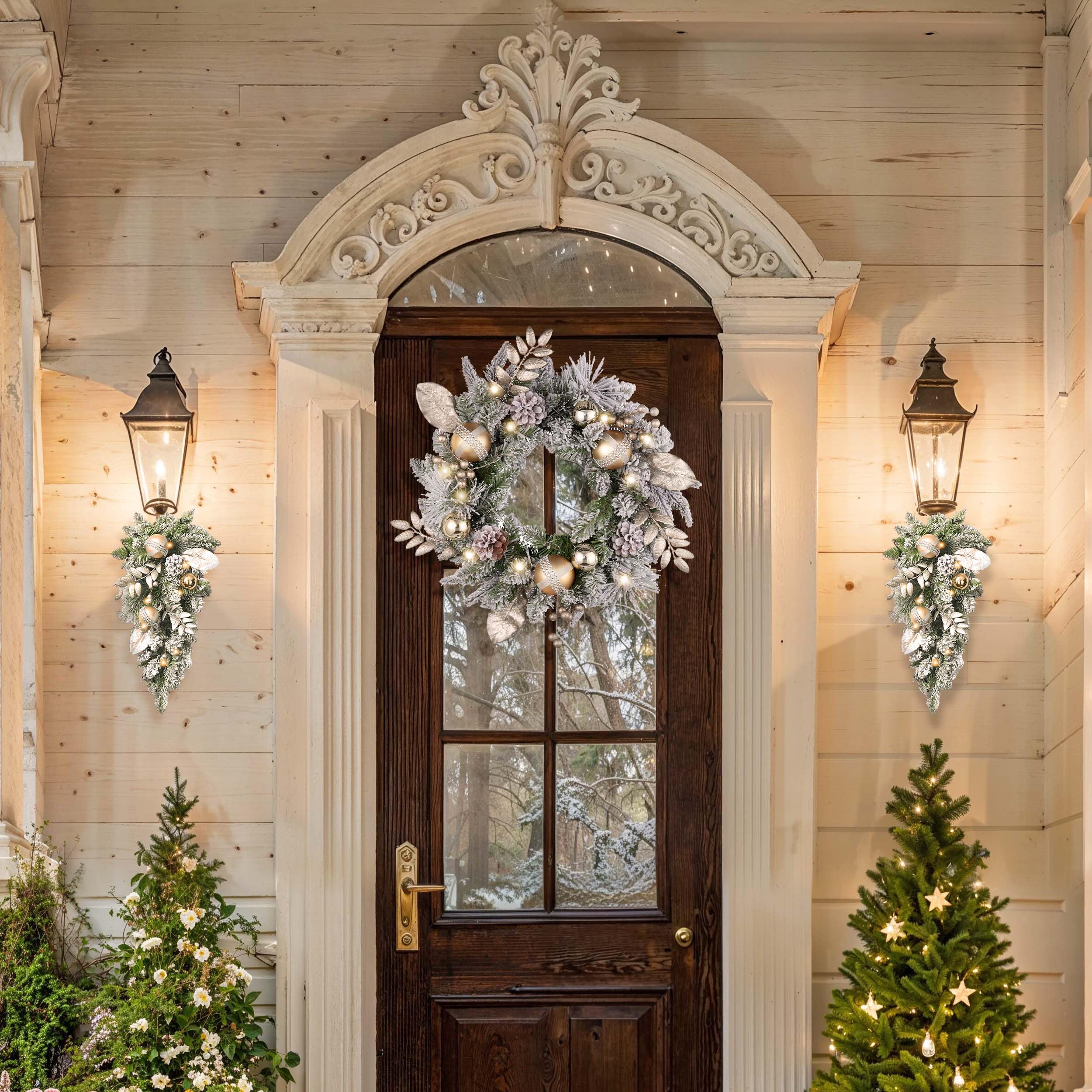Valery Madelyn Guirnalda Navidad con 15 Luces LED, Decoraciones de Navidad con Bolas Doradas para Puerta Delantera, Escalera, Porche, Exterior, Ventana