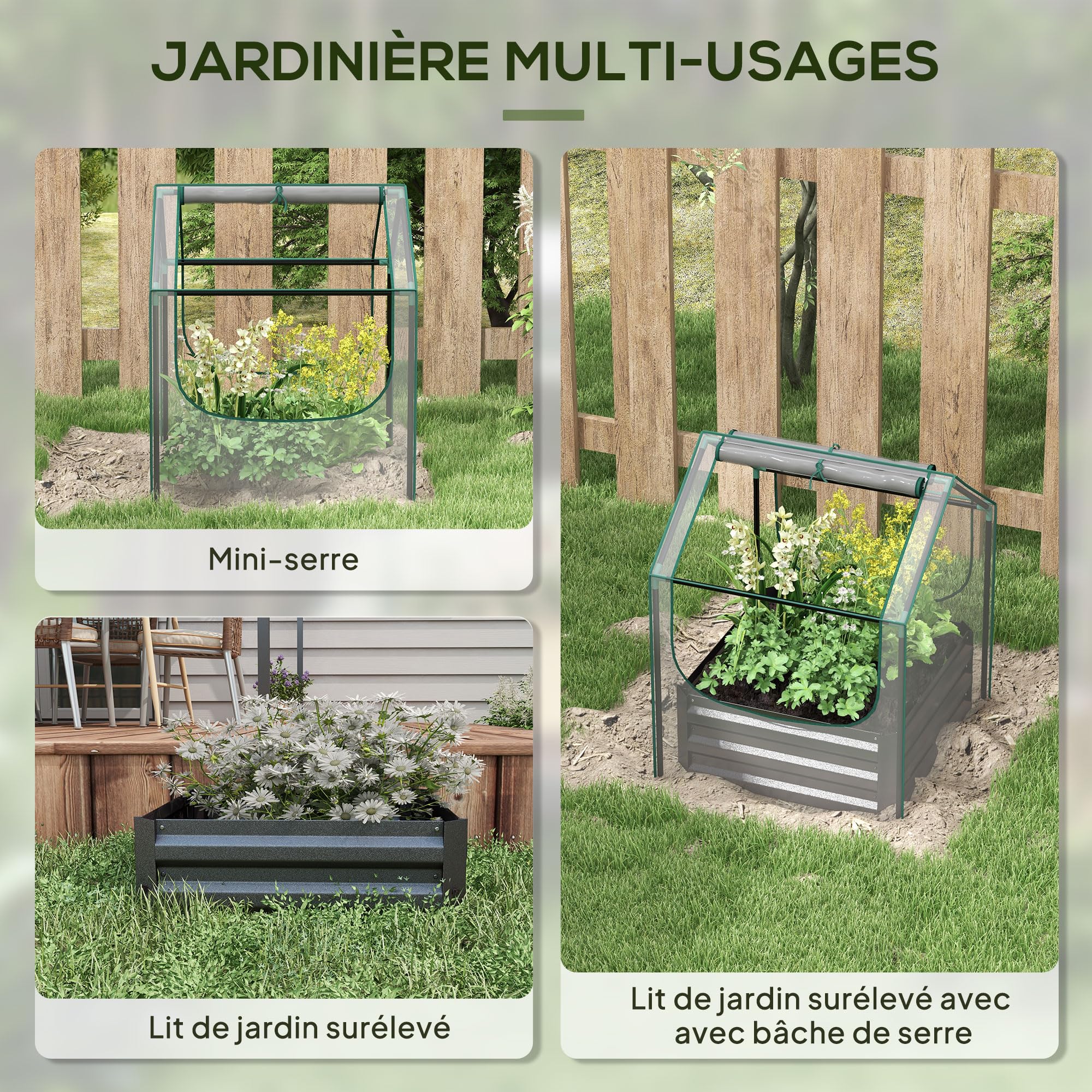 Outsunny Carré Potager de Jardin avec Mini Serre, jardinière surélevée, bac à Fleurs en Acier galvanisé, pour Herbes aromatiques et légumes dans Jardin, Balcon, terrasse, Gris foncé