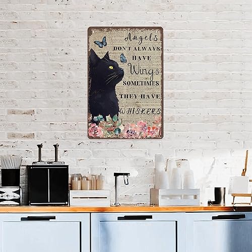 Miniatura 7 de AMOGHASIDDHI Cartel de metal con diseño de gato negro con texto en inglés "Angels Don't Always Have Wings", póster de metal vintage de 8 x 12