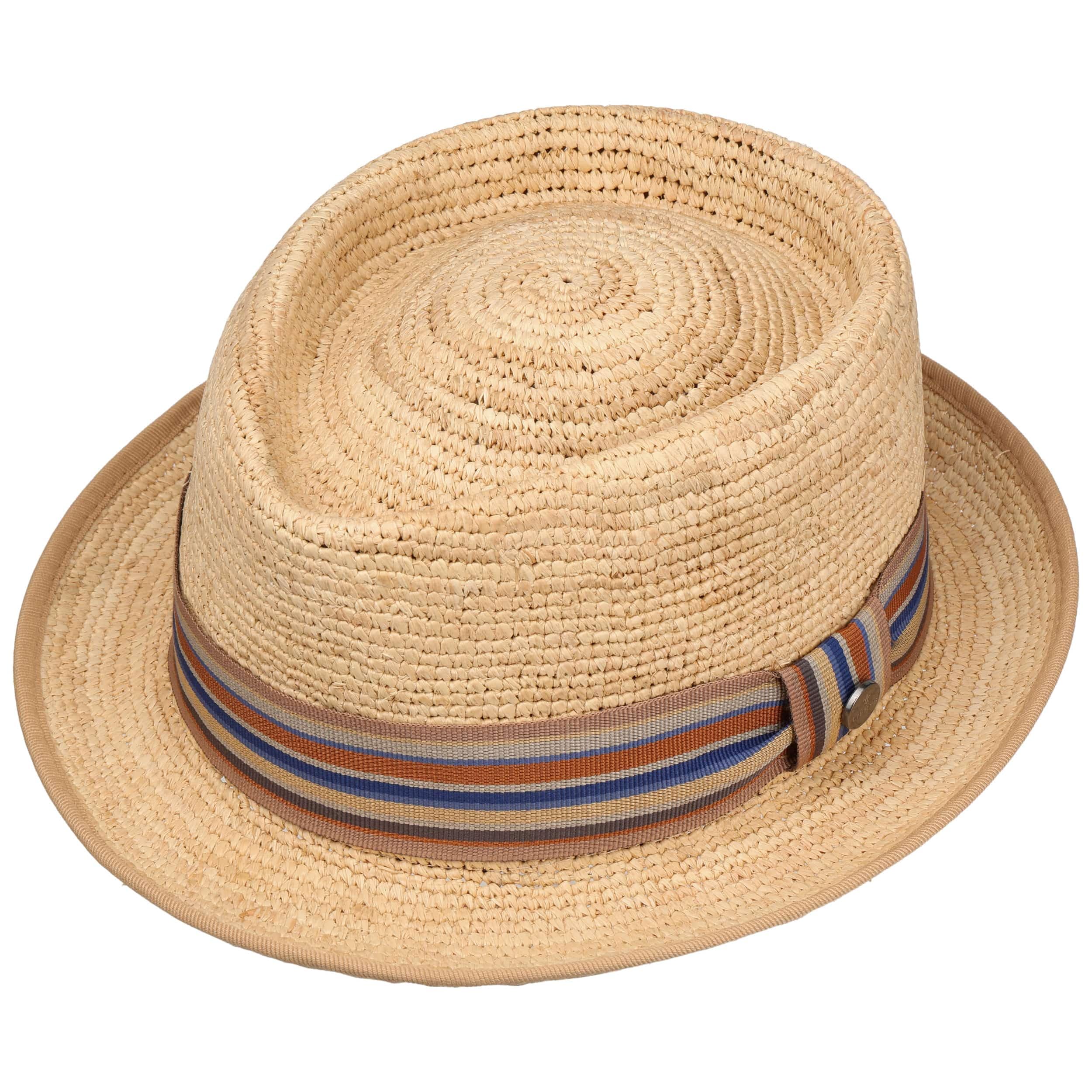 LIERYS Crochet Raffia Pork Pie Strohhut Raffiahut Sonnenhut Sommerhut Porkpie Pork-Pie-Hut Damen/Herren - Made in Italy mit Futter Frühling-Sommer Frühjahr Sommer